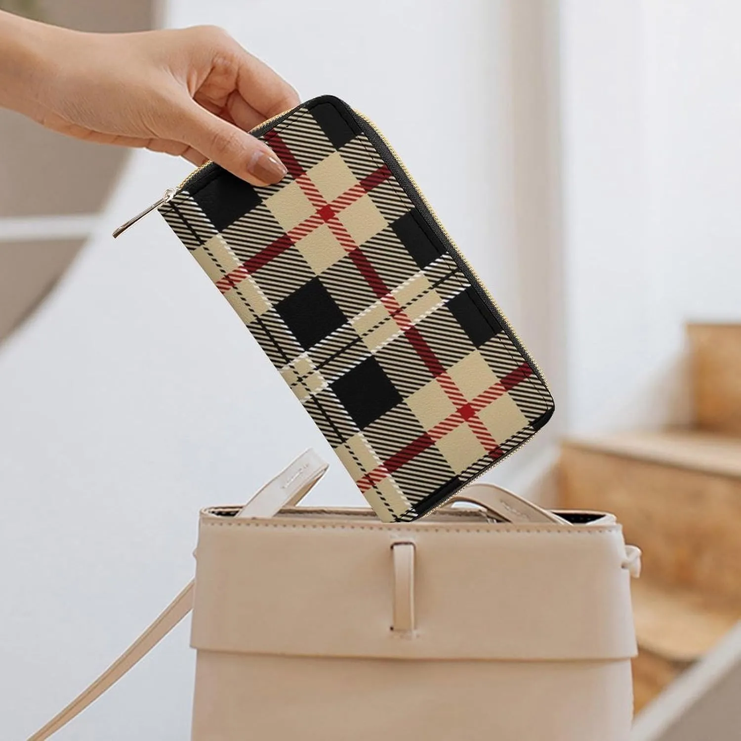 Travel Purse Fashion Design, Huge Storage Capacity Wallet, Cute Decor Wallet, Long PU Zipper Wallet Compatible with Tartan Plaid Pattern