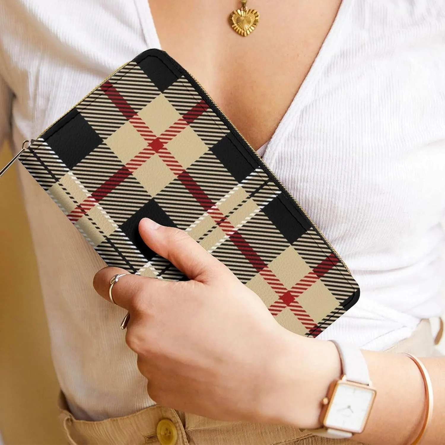 Travel Purse Fashion Design, Huge Storage Capacity Wallet, Cute Decor Wallet, Long PU Zipper Wallet Compatible with Tartan Plaid Pattern