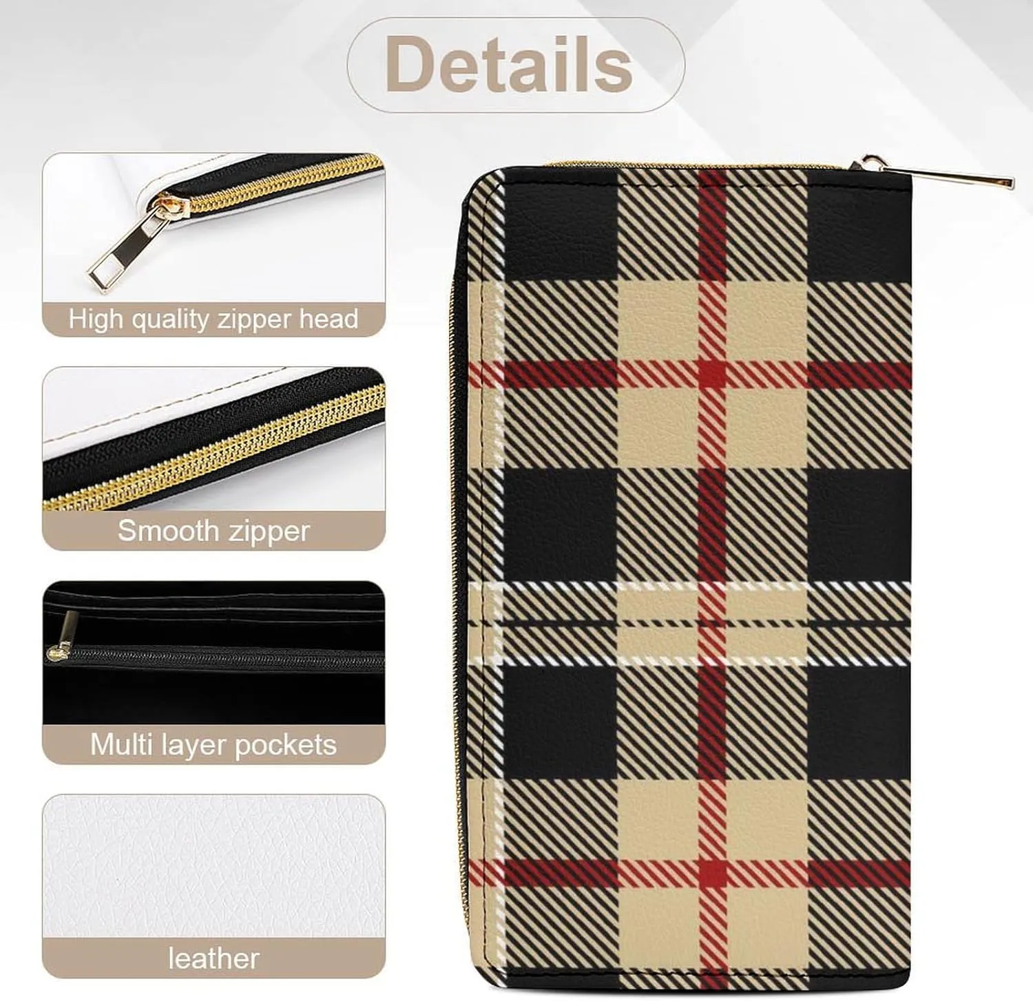 Travel Purse Fashion Design, Huge Storage Capacity Wallet, Cute Decor Wallet, Long PU Zipper Wallet Compatible with Tartan Plaid Pattern