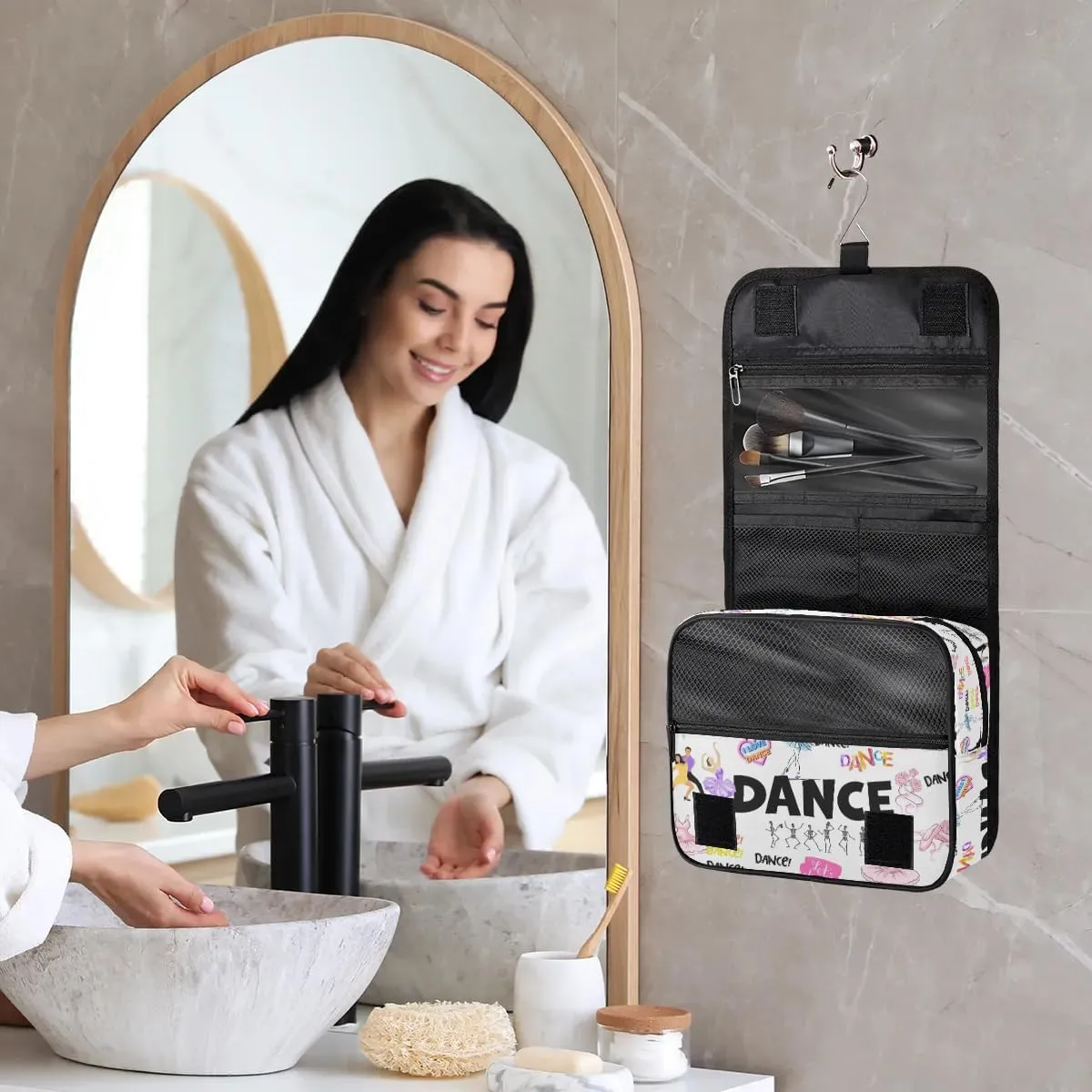 Travel Toiletry Bag for Women Girls with Hanging Hook Cute Pink Ballet Dancer Skull Dance Pattern Makeup Cosmetic Bag Organizer Travel Bag for Toiletries Essentials Accessories, Large Size