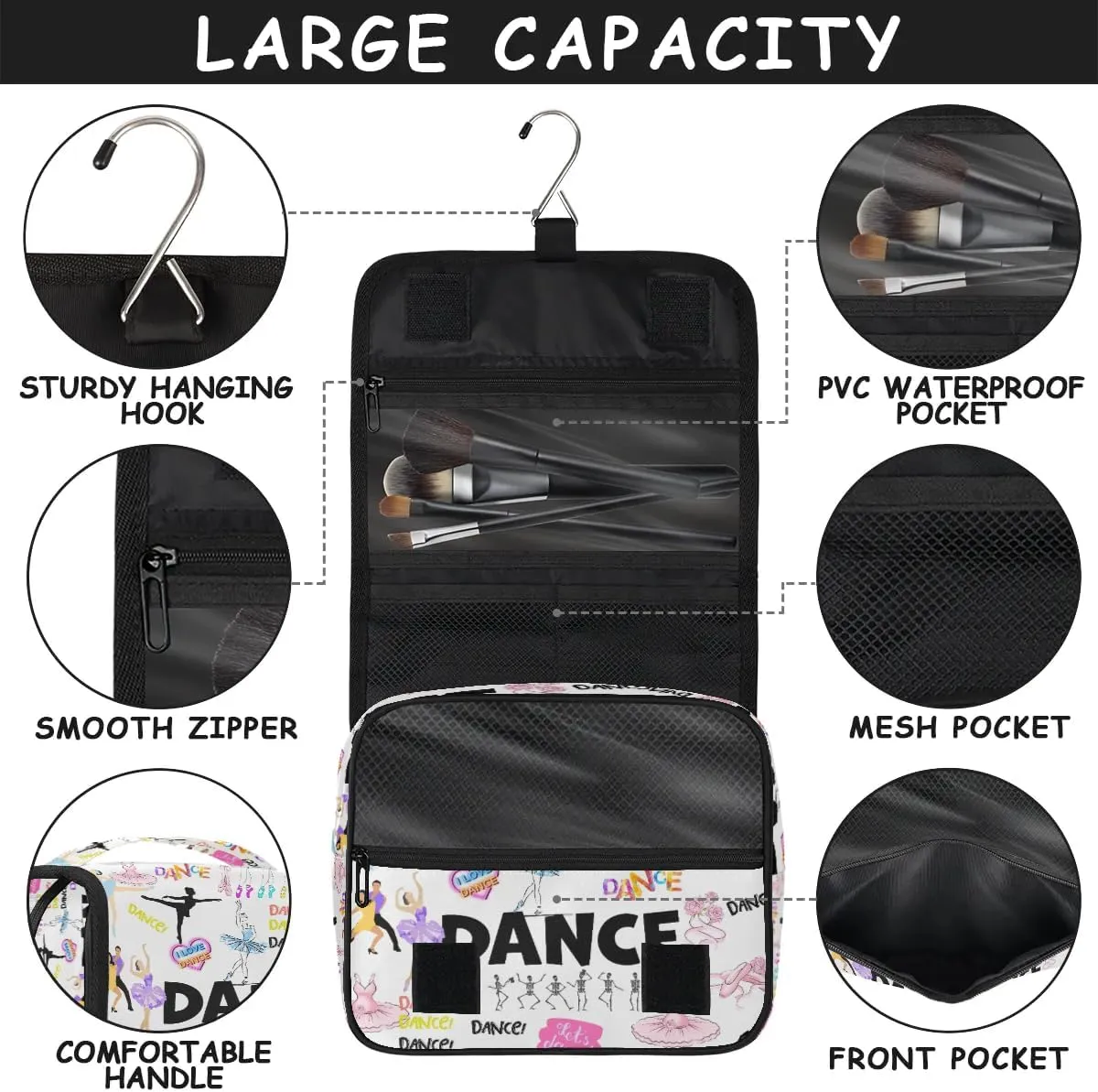 Travel Toiletry Bag for Women Girls with Hanging Hook Cute Pink Ballet Dancer Skull Dance Pattern Makeup Cosmetic Bag Organizer Travel Bag for Toiletries Essentials Accessories, Large Size