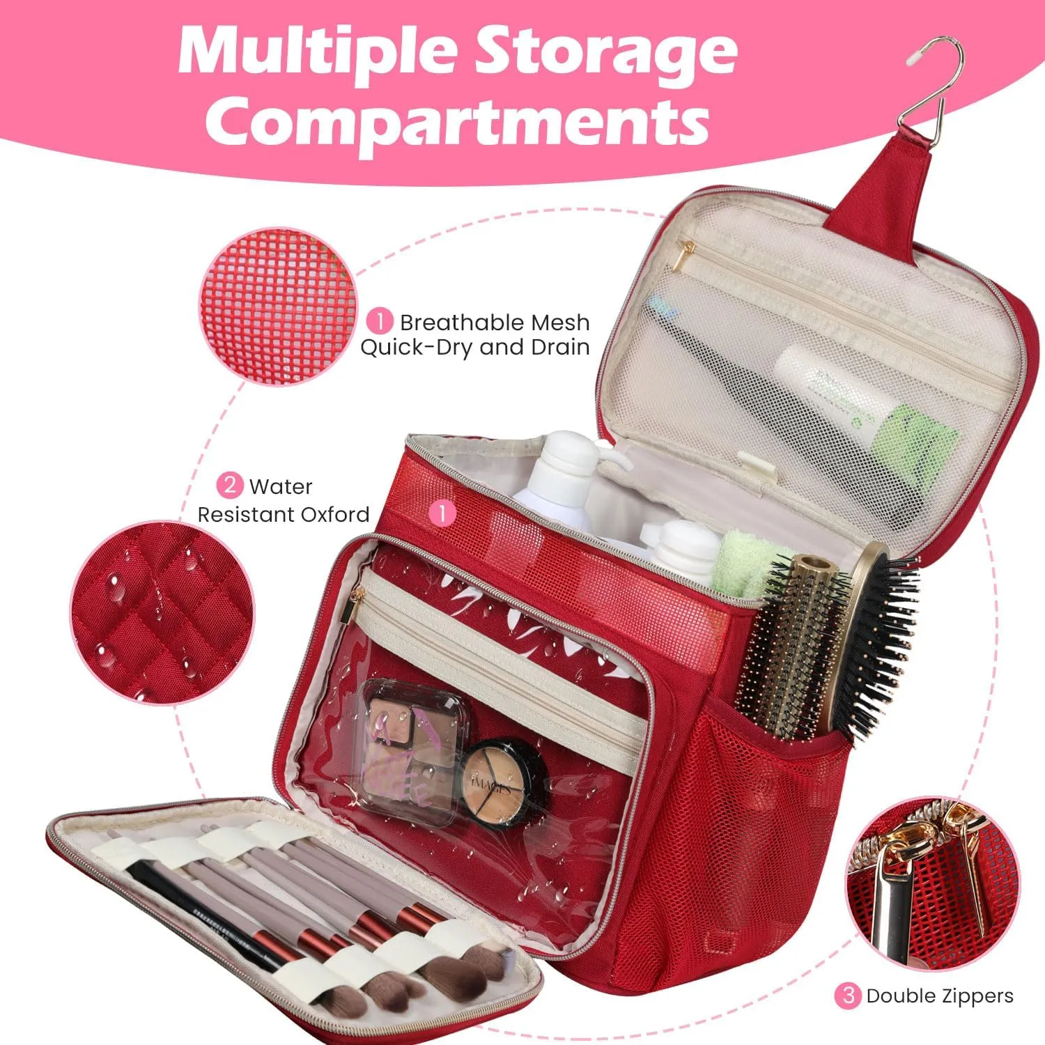 Travel Toiletry Bag for Women, Water Resistant Portable Hanging Toiletry Bags for Traveling, College Dorm, Bathroom, Gym, Shower Caddy, Organizer for Full Sized Bottles, Toiletries (Wine Red)