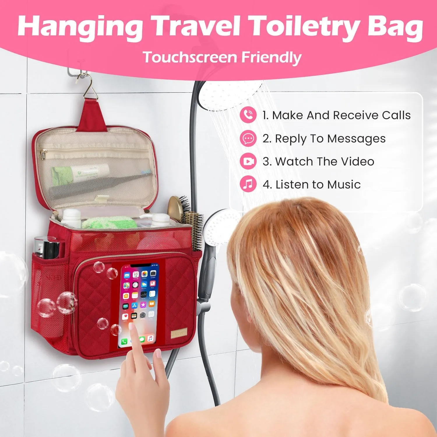 Travel Toiletry Bag for Women, Water Resistant Portable Hanging Toiletry Bags for Traveling, College Dorm, Bathroom, Gym, Shower Caddy, Organizer for Full Sized Bottles, Toiletries (Wine Red)