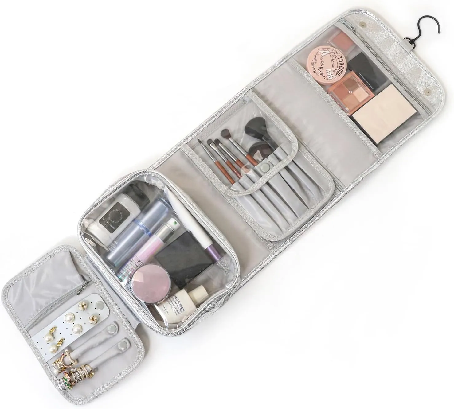 Travel Toiletry Bag for Women,Hanging Travel Toiletry Bag with Jewelry Organizer Compartment,Makeup Bag, Waterproof and Dirt Resistant, Travel Essentials,Bright Silver