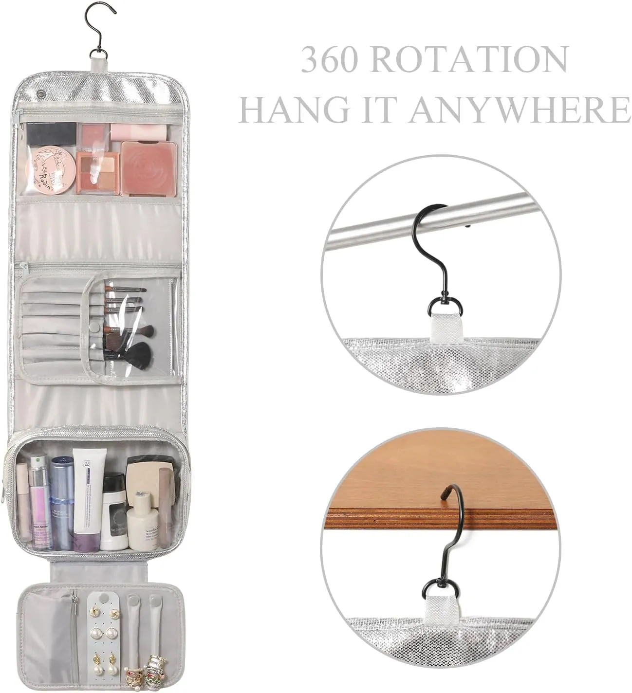 Travel Toiletry Bag for Women,Hanging Travel Toiletry Bag with Jewelry Organizer Compartment,Makeup Bag, Waterproof and Dirt Resistant, Travel Essentials,Bright Silver