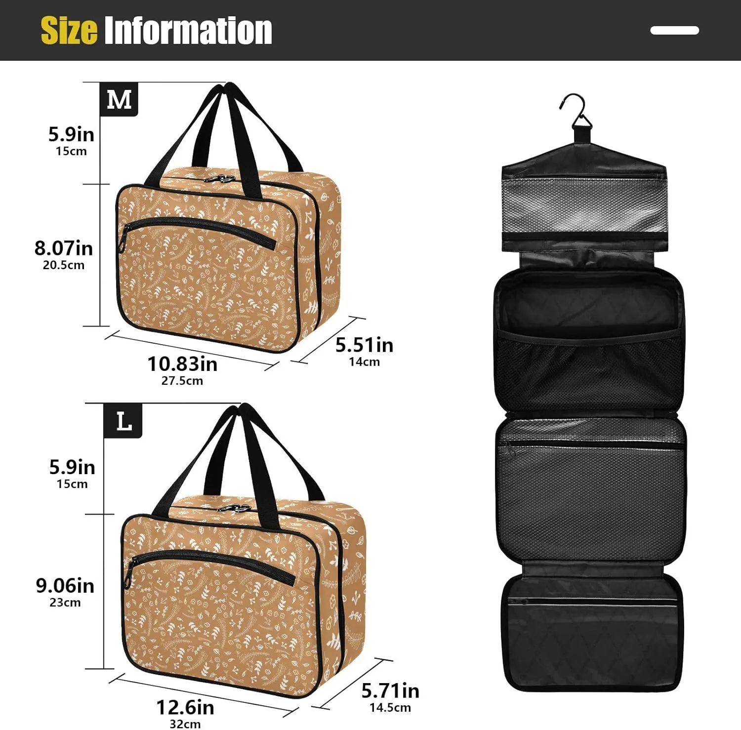Travel Toiletry Bag Hanging Cosmetic Bag Compact Toiletry Bag with Large Capacity for Women Large Brown Plants