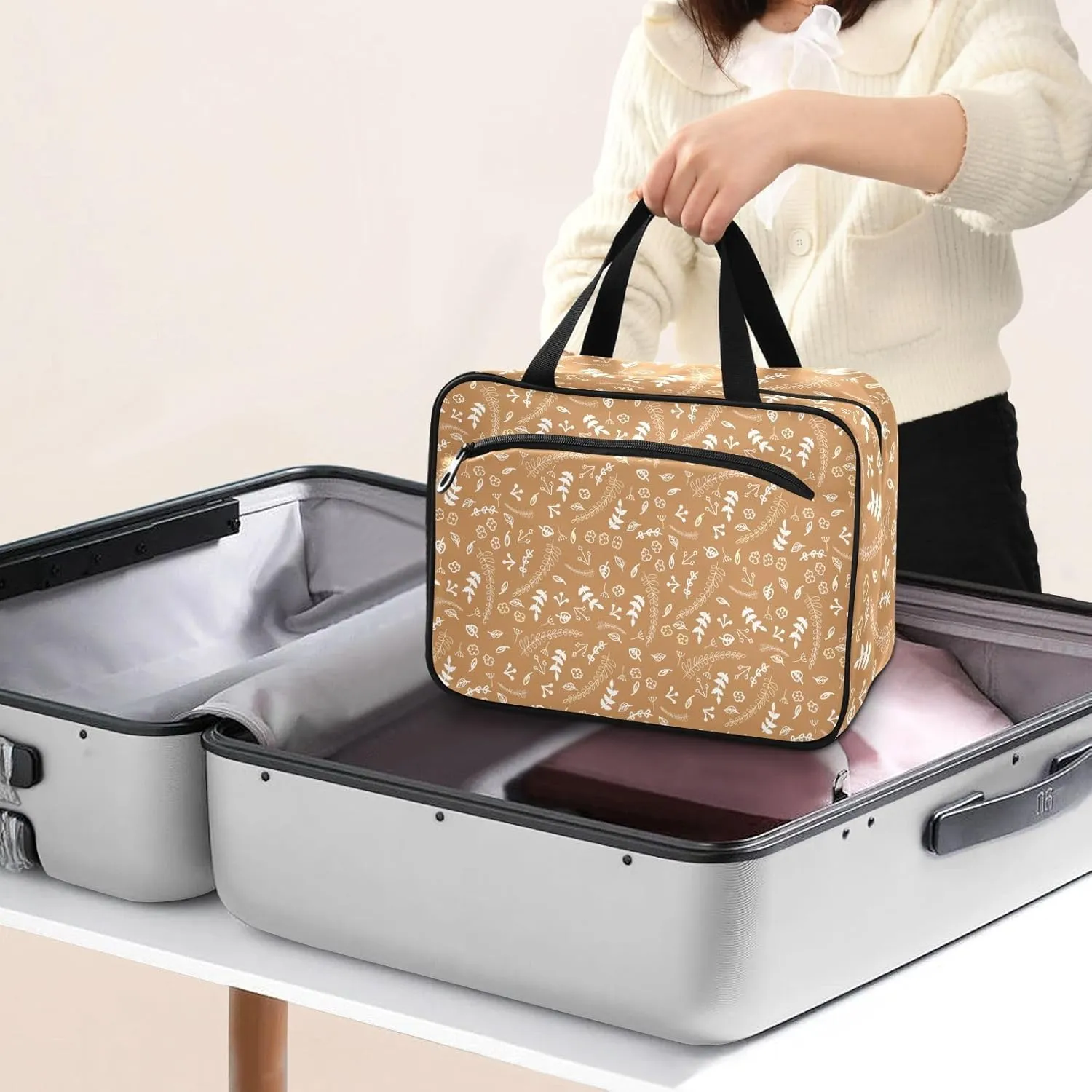 Travel Toiletry Bag Hanging Cosmetic Bag Compact Toiletry Bag with Large Capacity for Women Large Brown Plants