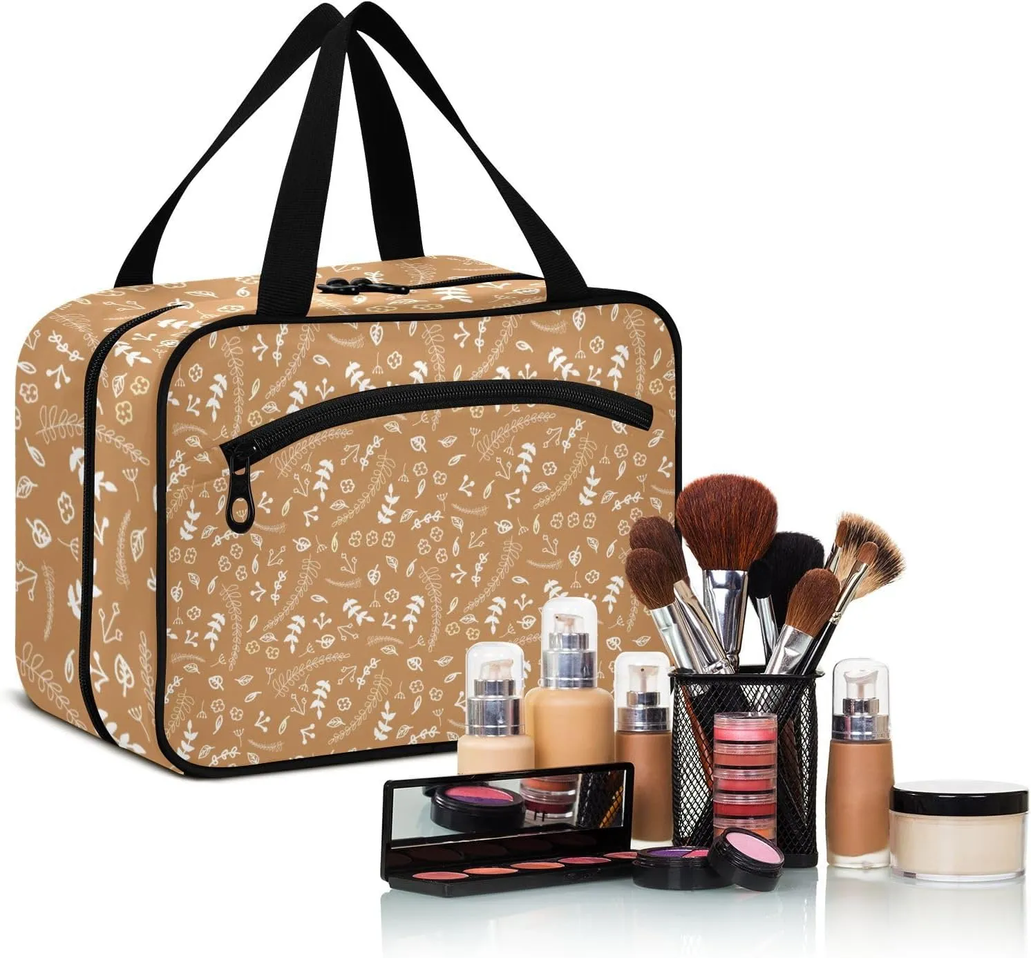 Travel Toiletry Bag Hanging Cosmetic Bag Compact Toiletry Bag with Large Capacity for Women Large Brown Plants