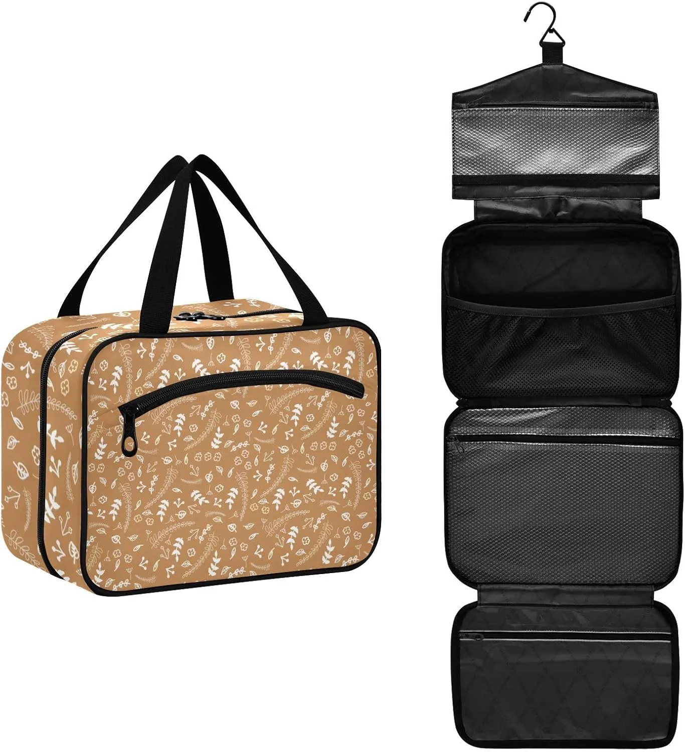 Travel Toiletry Bag Hanging Cosmetic Bag Compact Toiletry Bag with Large Capacity for Women Large Brown Plants