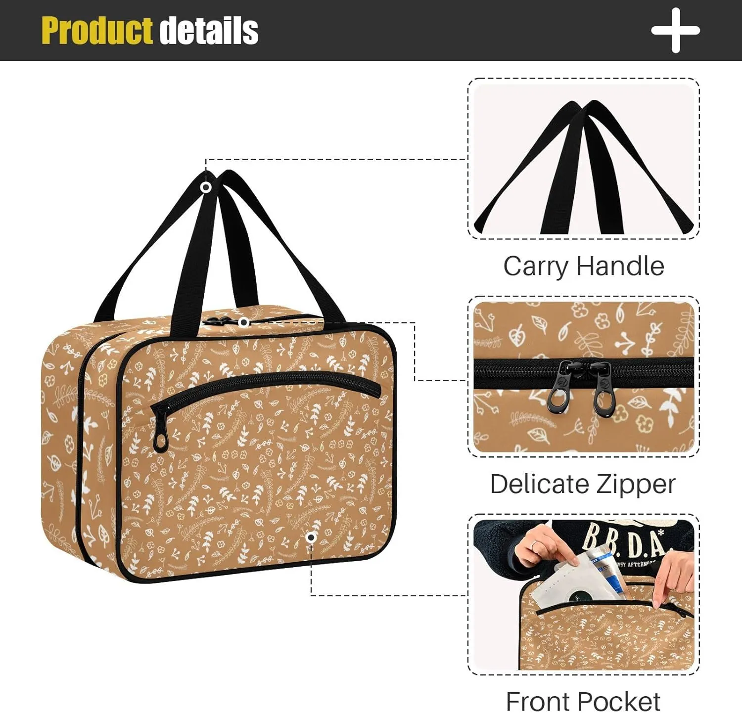 Travel Toiletry Bag Hanging Cosmetic Bag Compact Toiletry Bag with Large Capacity for Women Large Brown Plants