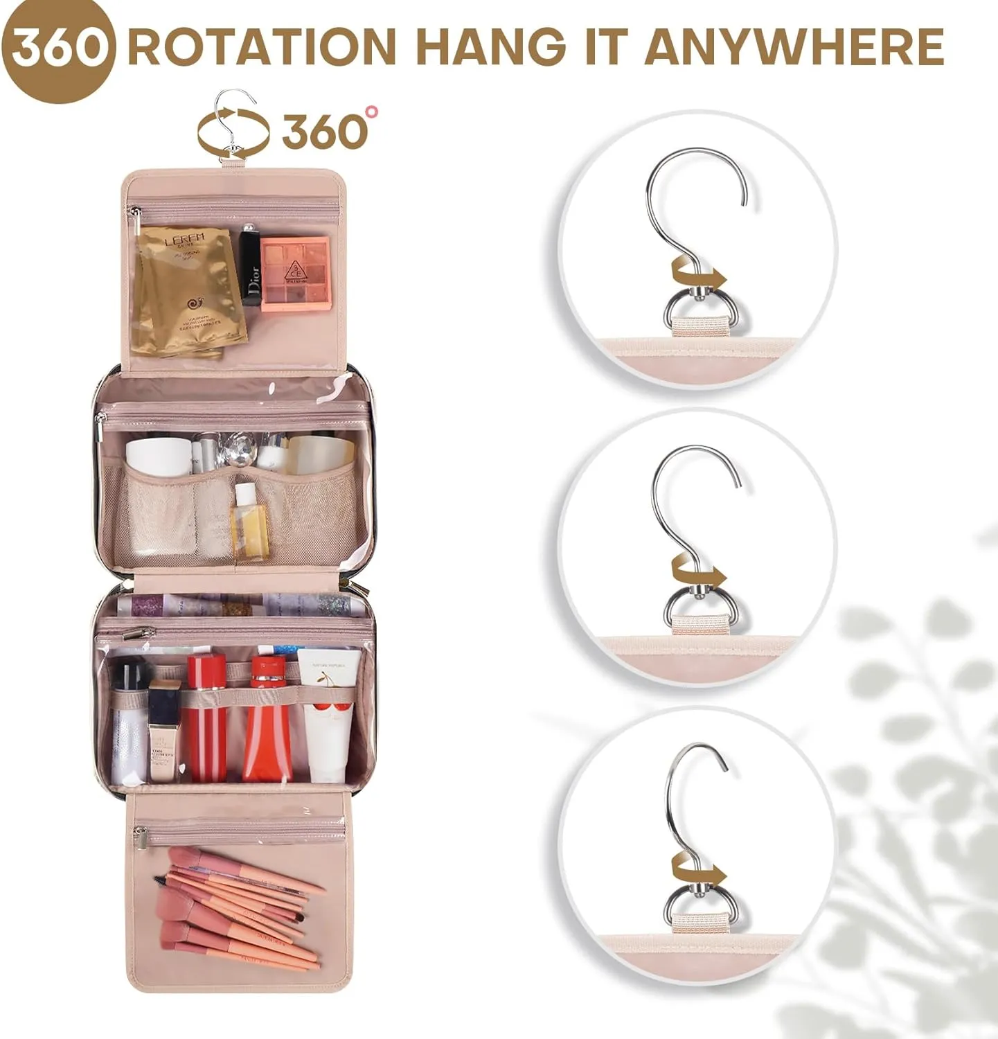 Travel Toiletry Bags with Hanging Hook for Full-size Toiletries, Brushes Set, Cosmetics - Large Beige