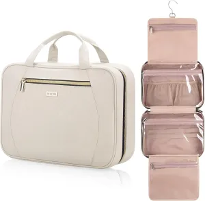 Travel Toiletry Bags with Hanging Hook for Full-size Toiletries, Brushes Set, Cosmetics - Large Beige