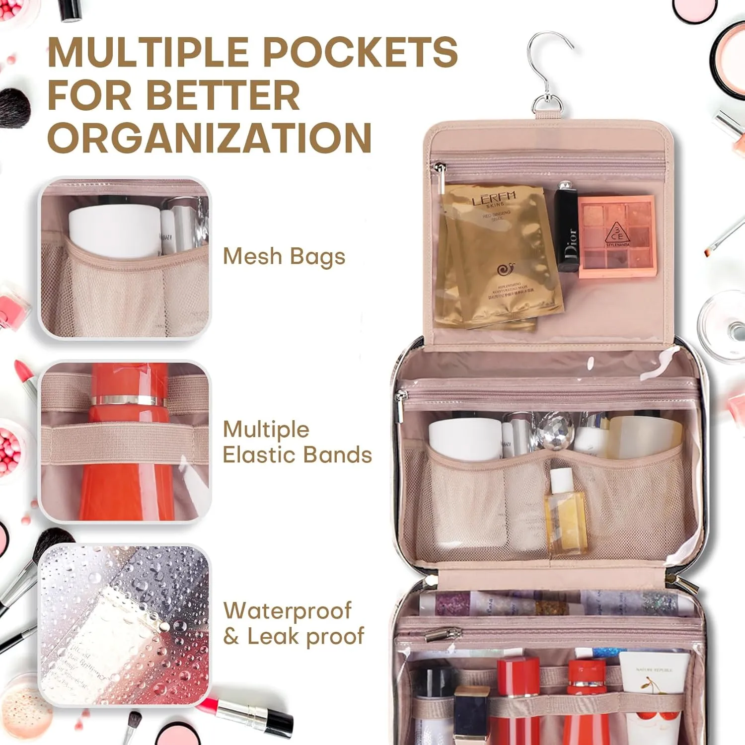 Travel Toiletry Bags with Hanging Hook for Full-size Toiletries, Brushes Set, Cosmetics - Large Beige