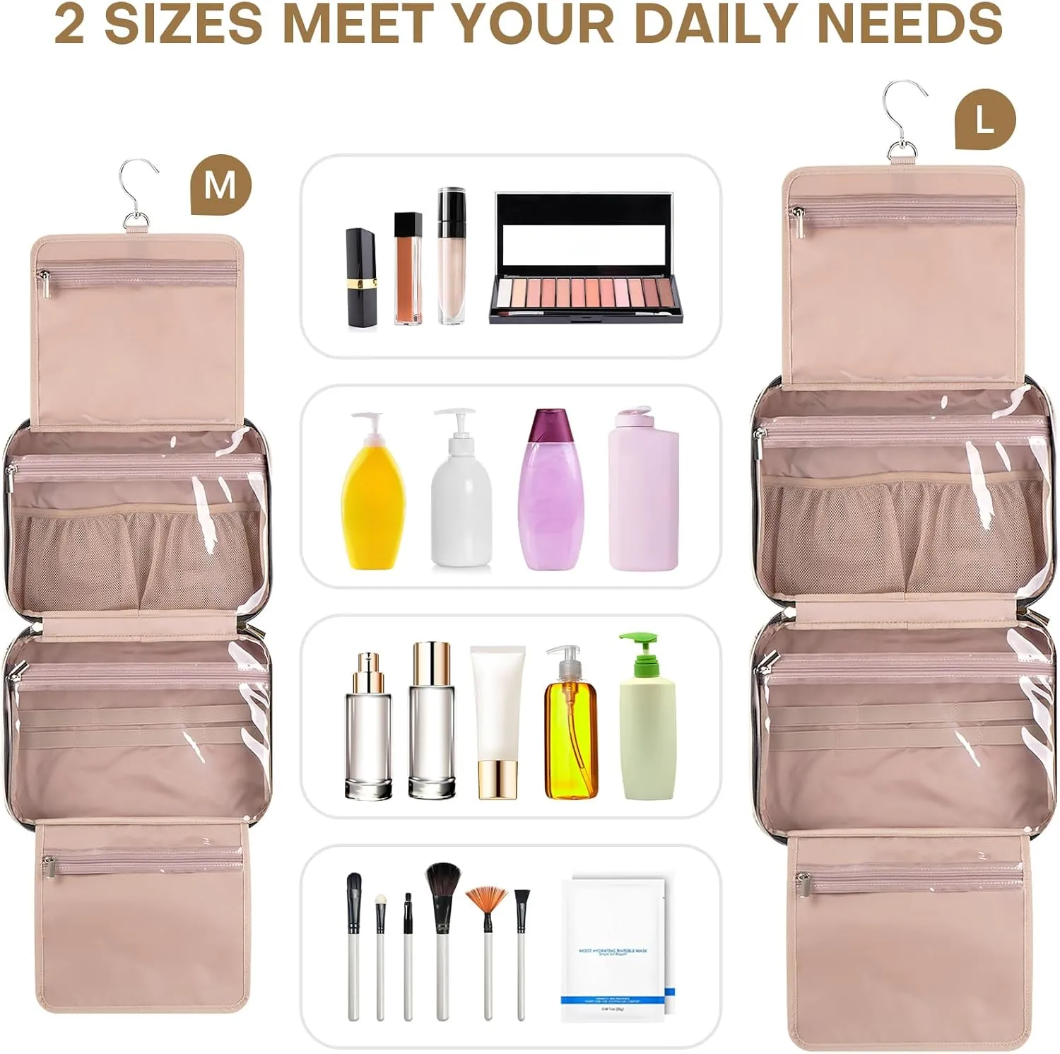 Travel Toiletry Bags with Hanging Hook for Full-size Toiletries, Brushes Set, Cosmetics - Large Beige