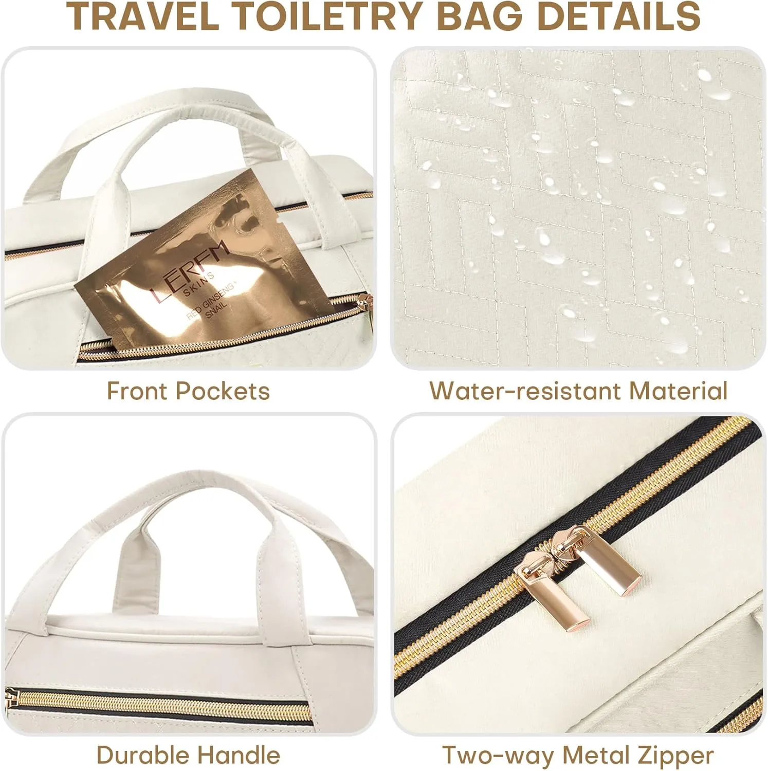 Travel Toiletry Bags with Hanging Hook for Full-size Toiletries, Brushes Set, Cosmetics - Large Beige