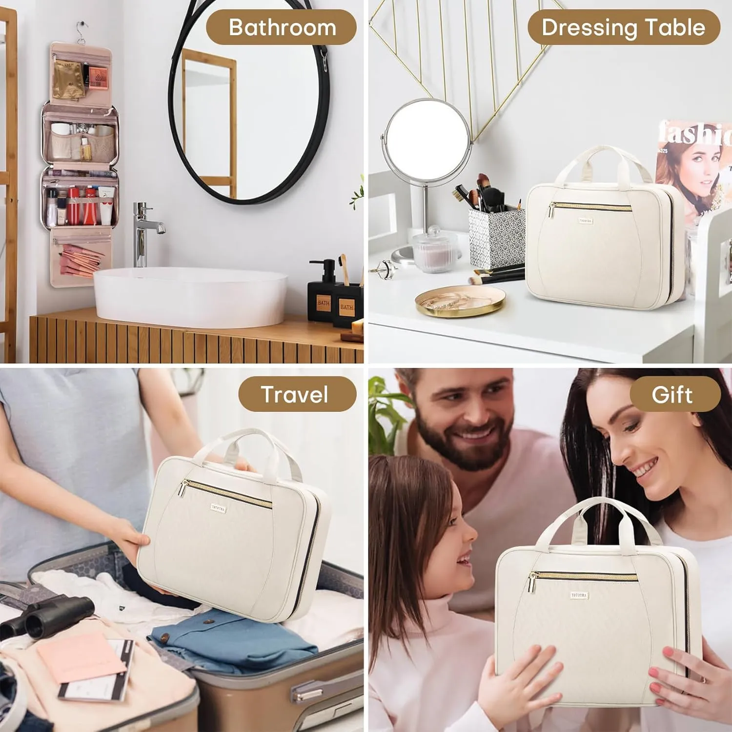Travel Toiletry Bags with Hanging Hook for Full-size Toiletries, Brushes Set, Cosmetics - Large Beige