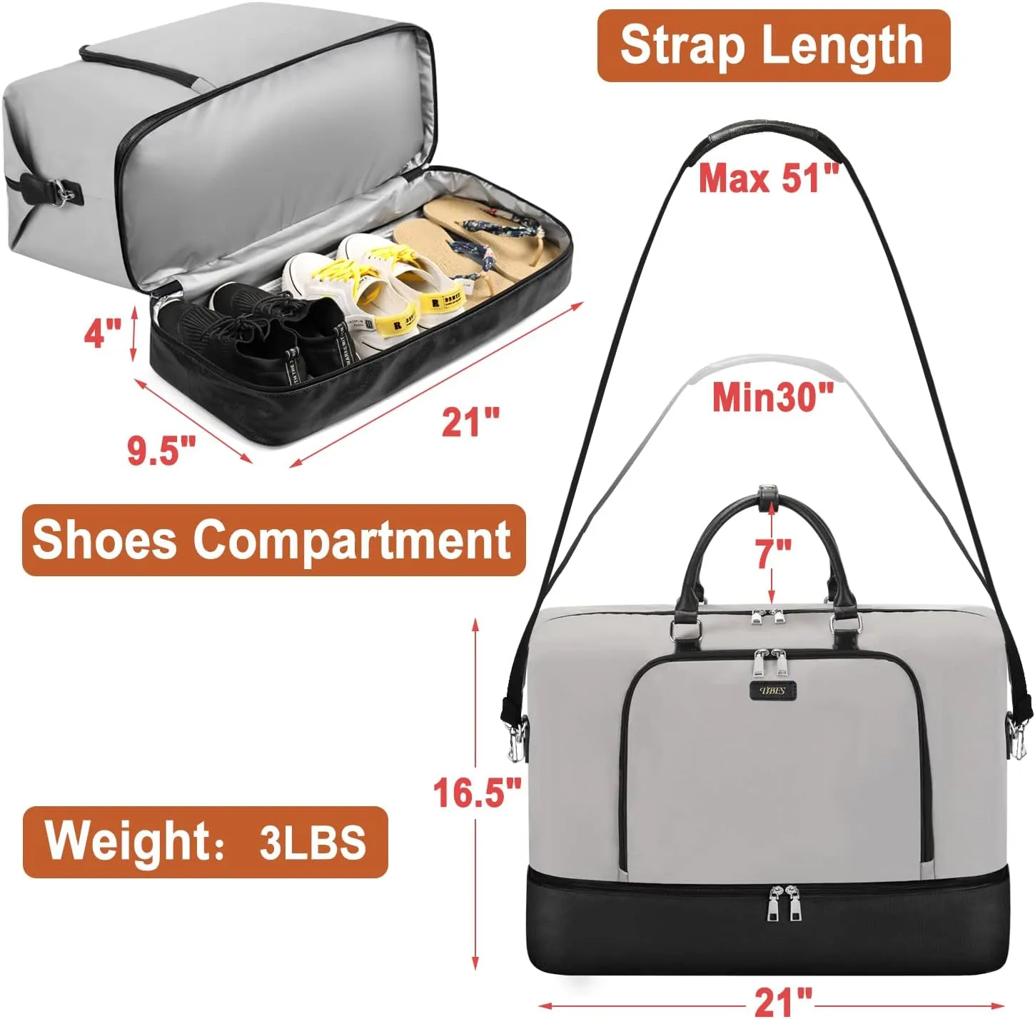 Travel Weekender Bag for Women, Overnight Bag with Shoe Compartment, Oversized Travel Duffel Bag Carry On Tote with Trolley Sleeve 21" for Weekend Travel Business Trip