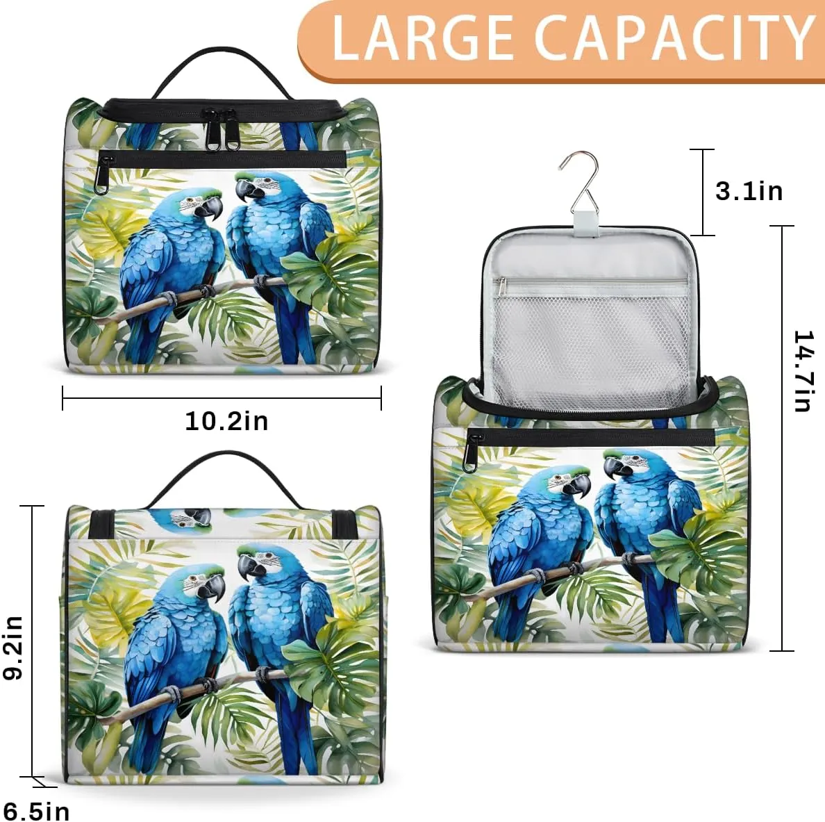 Tropical Parrot Travel Toiletry Bag for Men and Women, Large Hanging Makeup Bag Organizer Toiletries Bag for Travel, Cosmetic Bag with Handle
