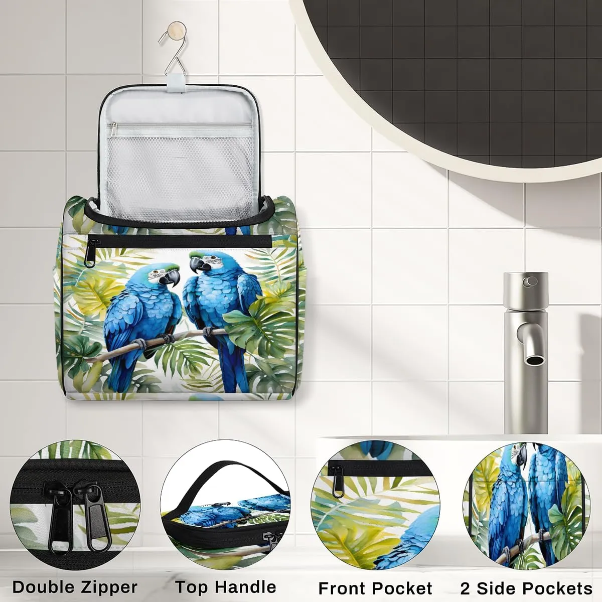 Tropical Parrot Travel Toiletry Bag for Men and Women, Large Hanging Makeup Bag Organizer Toiletries Bag for Travel, Cosmetic Bag with Handle