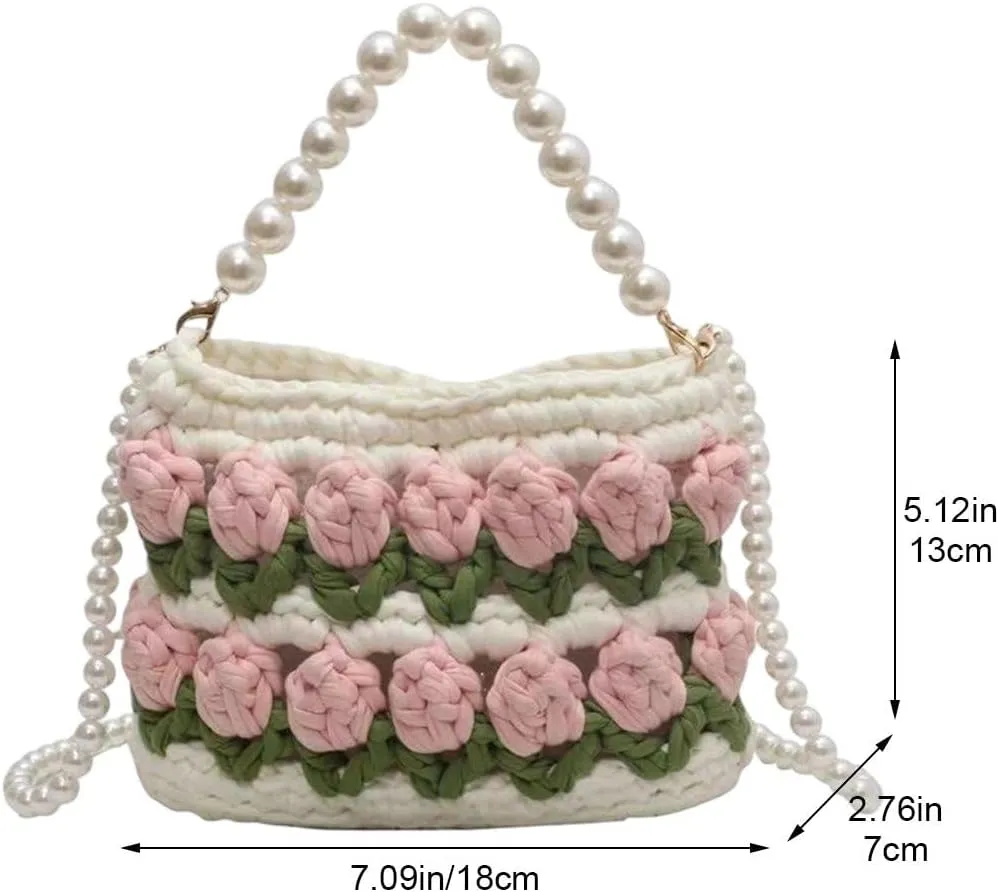 Tulip Flower Decoration Hand-Woven Bag Pearl Portable Messenger Bag Female Elegant Bag Crochet Bag Crossbody Bags