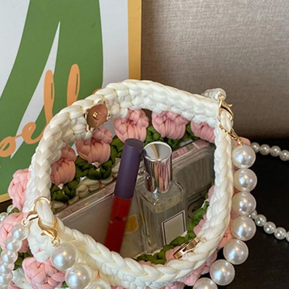 Tulip Flower Decoration Hand-Woven Bag Pearl Portable Messenger Bag Female Elegant Bag Crochet Bag Crossbody Bags