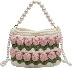 Tulip Flower Decoration Hand-Woven Bag Pearl Portable Messenger Bag Female Elegant Bag Crochet Bag Crossbody Bags
