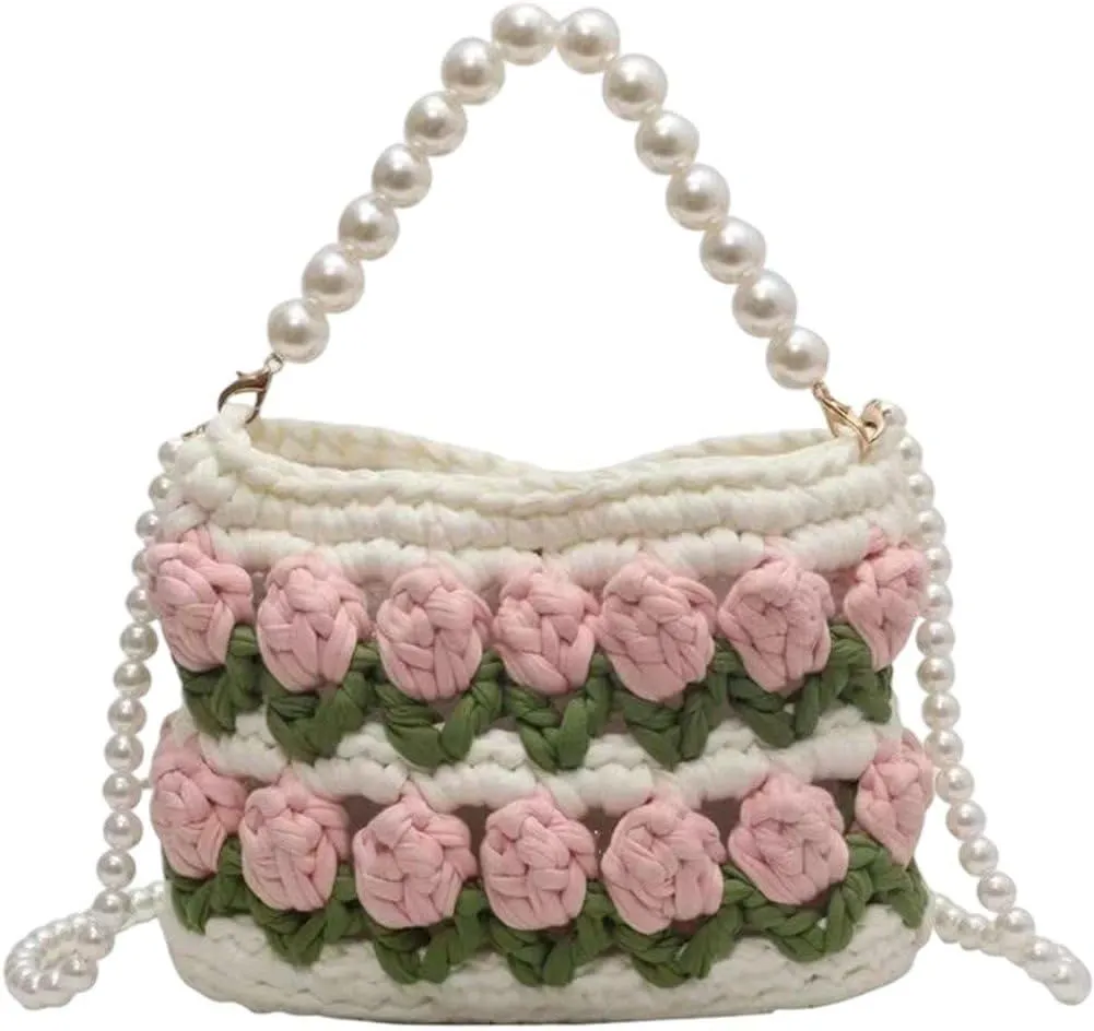 Tulip Flower Decoration Hand-Woven Bag Pearl Portable Messenger Bag Female Elegant Bag Crochet Bag Crossbody Bags