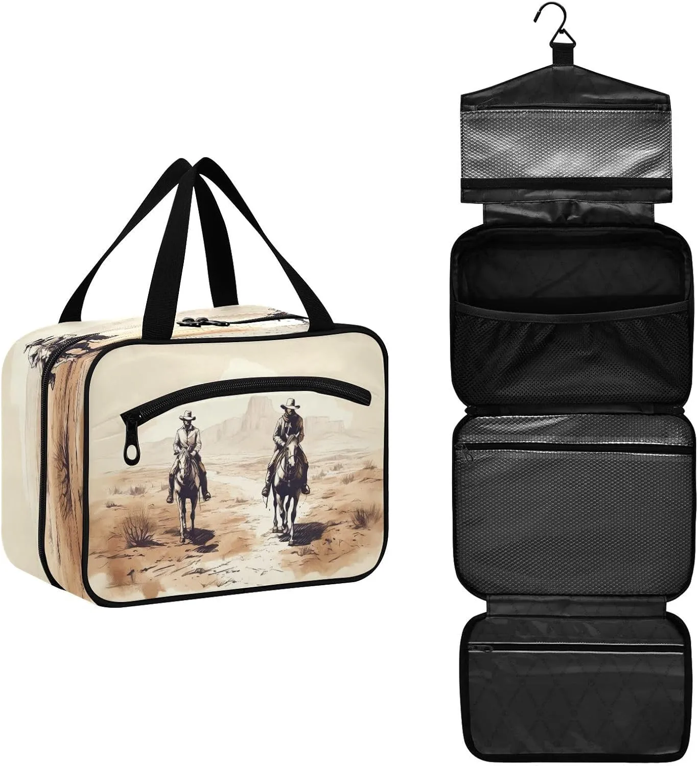 Two Western Cowboys Toiletry Bag, Large Waterproof Hanging Travel Makeup Organizer Bag, Portable Travel Cosmetic Bag with Handle for Women and Men, Medium