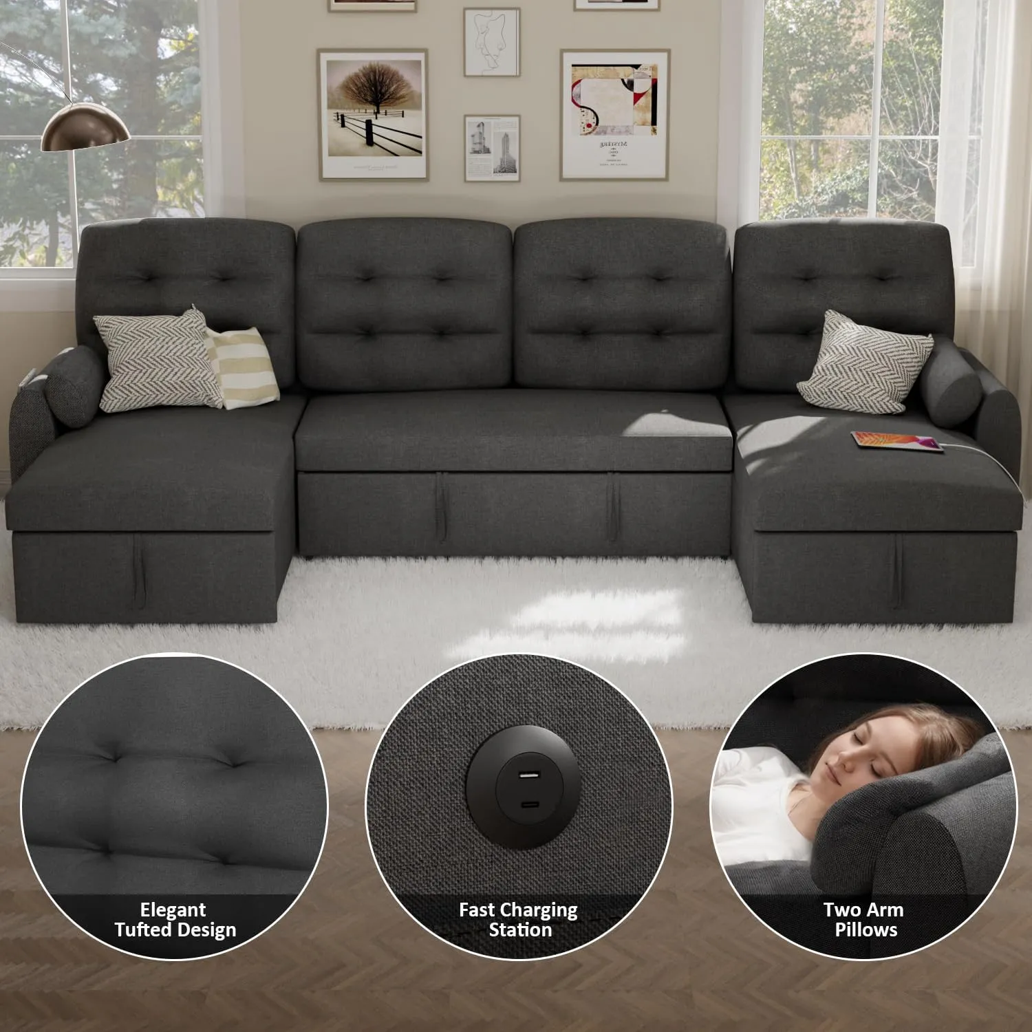 Ucloveria Sectional Sofa Couch, 112" Sleeper Sofa Bed with Dual Reversible Storage Chaise Pull Out Couch for Living Room | Side Pocket | Charging Station | Removable Backrest | Linen Fabric, Dark Grey