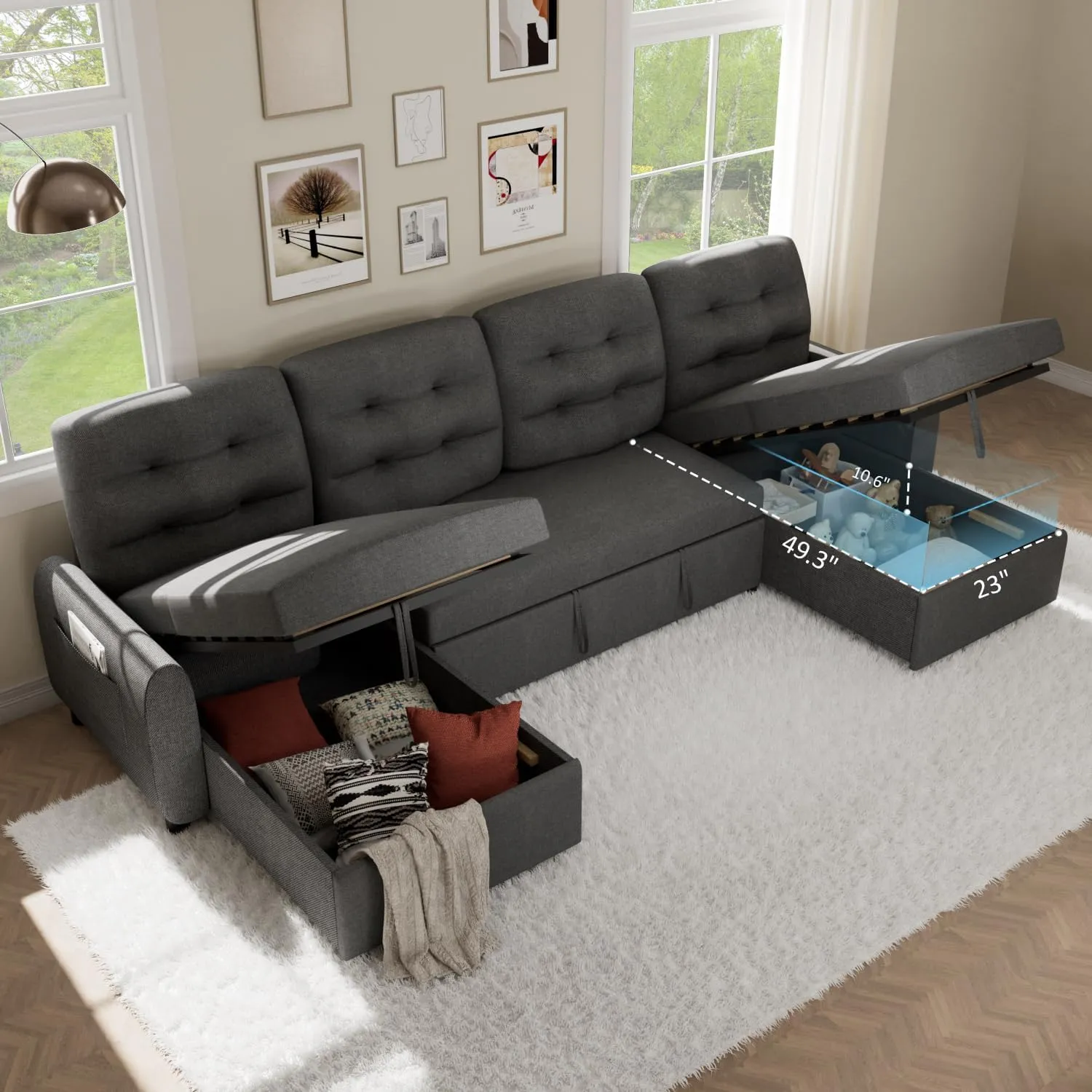Ucloveria Sectional Sofa Couch, 112" Sleeper Sofa Bed with Dual Reversible Storage Chaise Pull Out Couch for Living Room | Side Pocket | Charging Station | Removable Backrest | Linen Fabric, Dark Grey