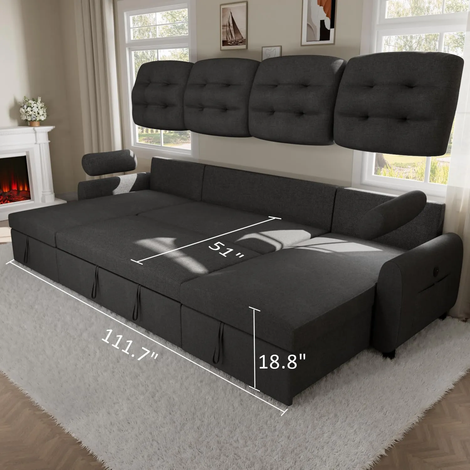 Ucloveria Sectional Sofa Couch, 112" Sleeper Sofa Bed with Dual Reversible Storage Chaise Pull Out Couch for Living Room | Side Pocket | Charging Station | Removable Backrest | Linen Fabric, Dark Grey