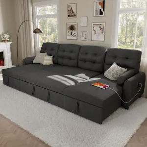 Ucloveria Sectional Sofa Couch, 112" Sleeper Sofa Bed with Dual Reversible Storage Chaise Pull Out Couch for Living Room | Side Pocket | Charging Station | Removable Backrest | Linen Fabric, Dark Grey