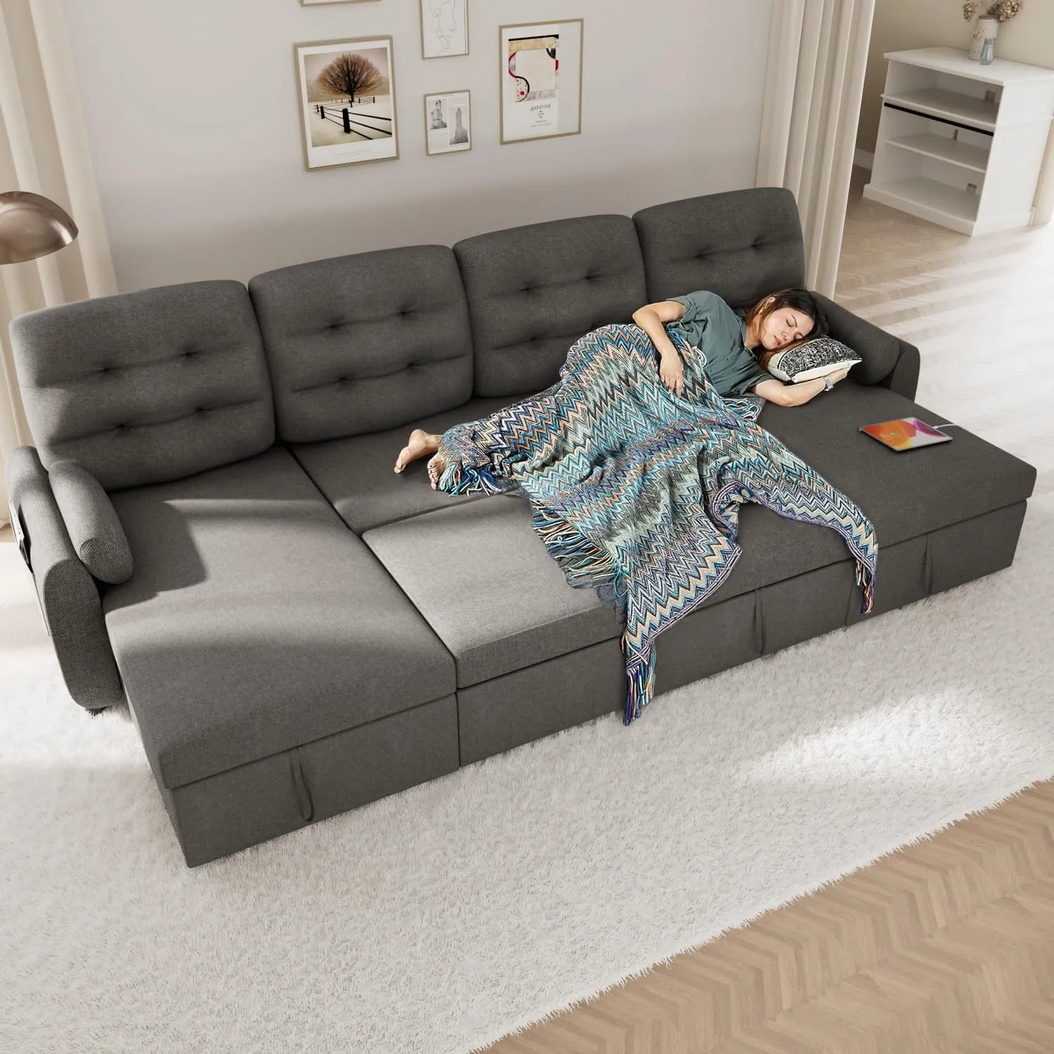 Ucloveria Sectional Sofa Couch, 112" Sleeper Sofa Bed with Dual Reversible Storage Chaise Pull Out Couch for Living Room | Side Pocket | Charging Station | Removable Backrest | Linen Fabric, Dark Grey