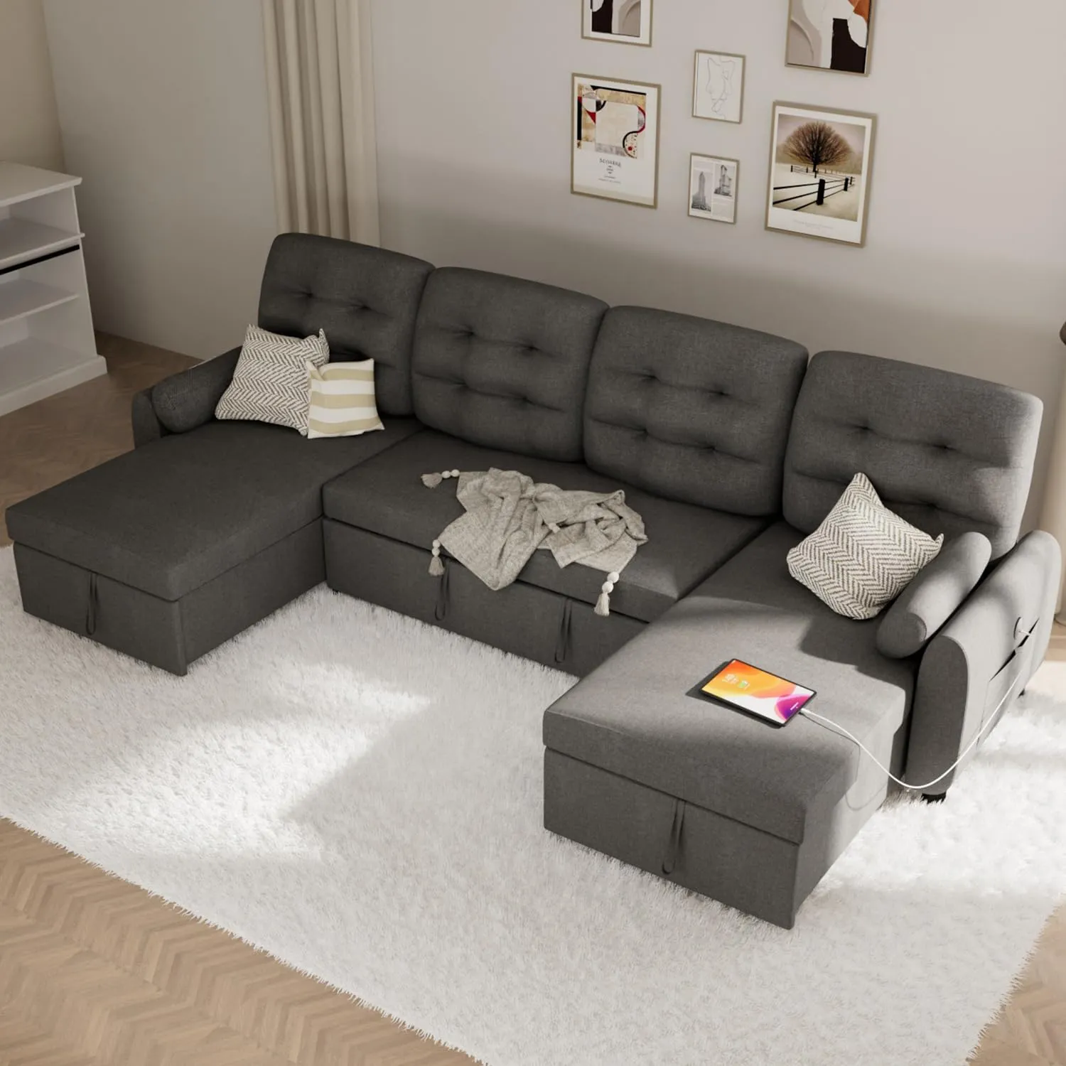 Ucloveria Sectional Sofa Couch, 112" Sleeper Sofa Bed with Dual Reversible Storage Chaise Pull Out Couch for Living Room | Side Pocket | Charging Station | Removable Backrest | Linen Fabric, Dark Grey