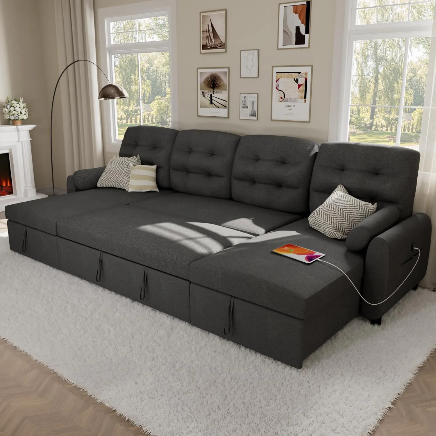 Ucloveria Sectional Sofa Couch, 112" Sleeper Sofa Bed with Dual Reversible Storage Chaise Pull Out Couch for Living Room | Side Pocket | Charging Station | Removable Backrest | Linen Fabric, Dark Grey