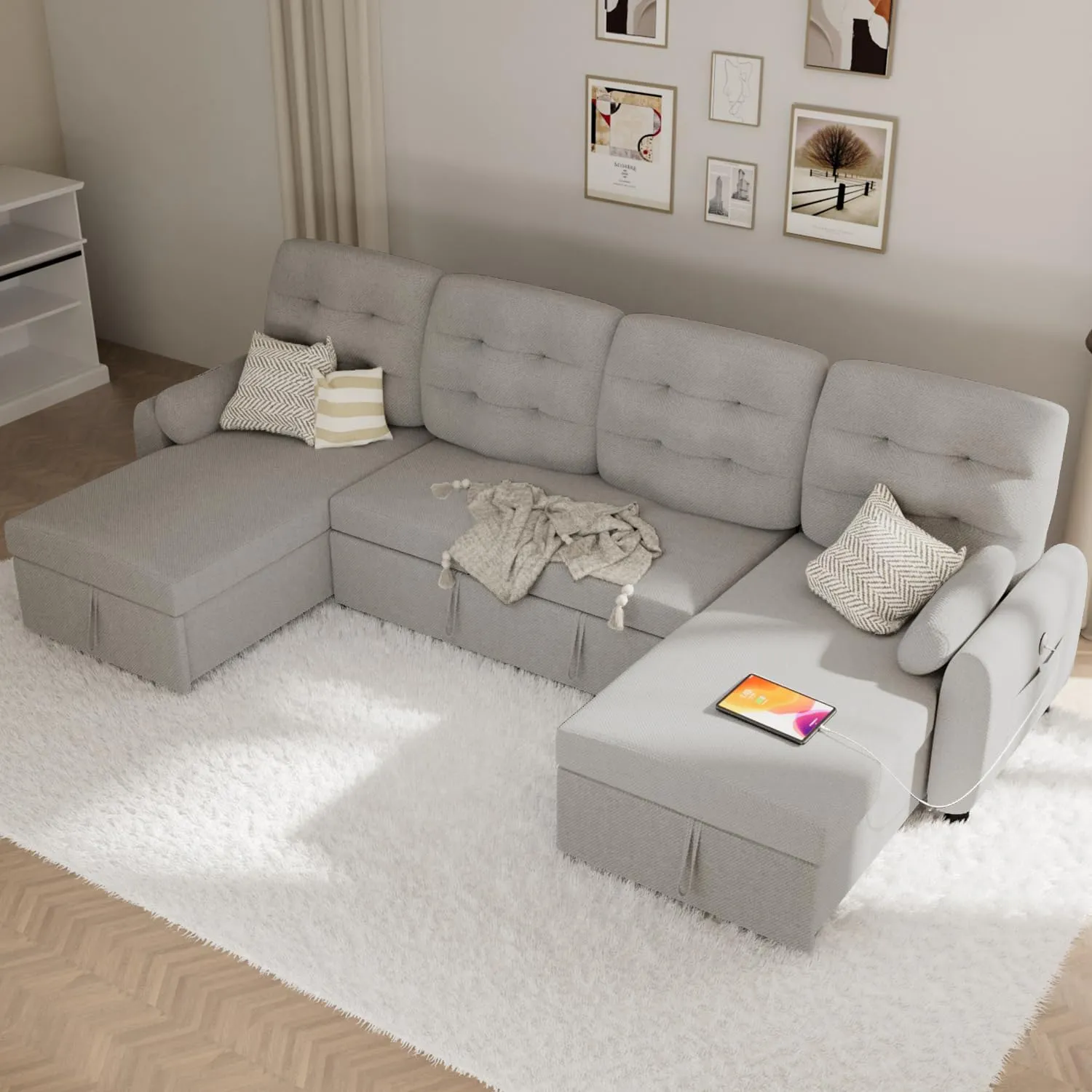 Ucloveria Sectional Sofa Couch, 112" Sleeper Sofa Bed with Dual Reversible Storage Chaise Pull Out Couched for Living Room | Side Pockets | Charging Station | Removable Backrest | Linen, Light Grey