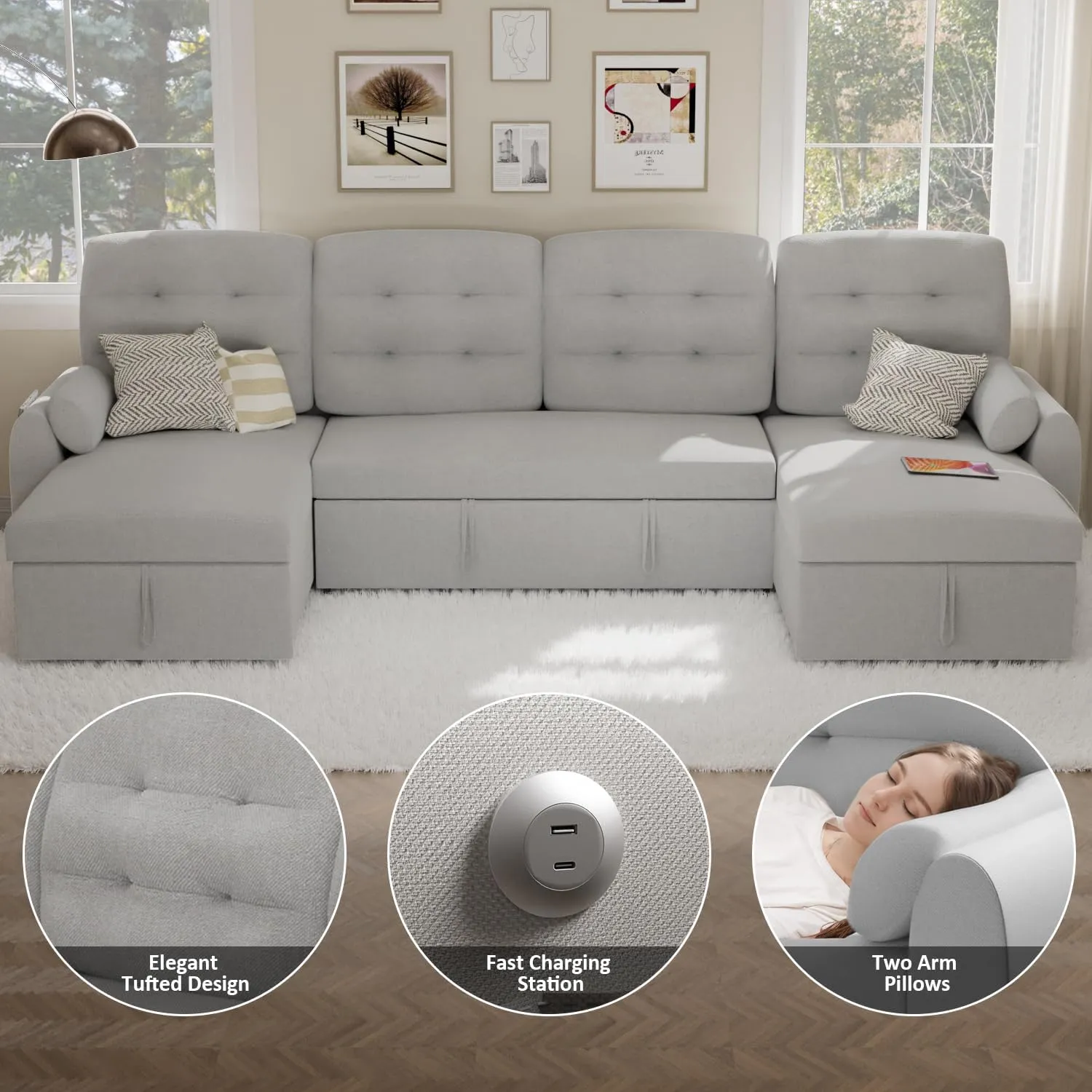 Ucloveria Sectional Sofa Couch, 112" Sleeper Sofa Bed with Dual Reversible Storage Chaise Pull Out Couched for Living Room | Side Pockets | Charging Station | Removable Backrest | Linen, Light Grey