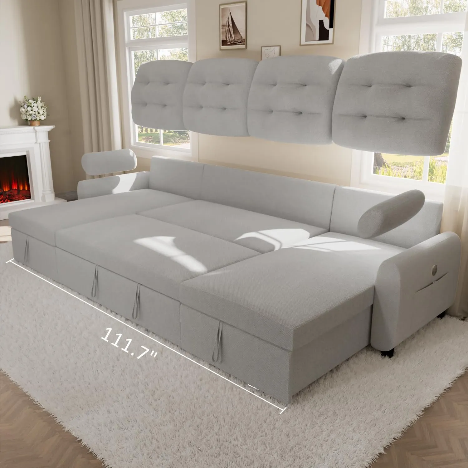 Ucloveria Sectional Sofa Couch, 112" Sleeper Sofa Bed with Dual Reversible Storage Chaise Pull Out Couched for Living Room | Side Pockets | Charging Station | Removable Backrest | Linen, Light Grey