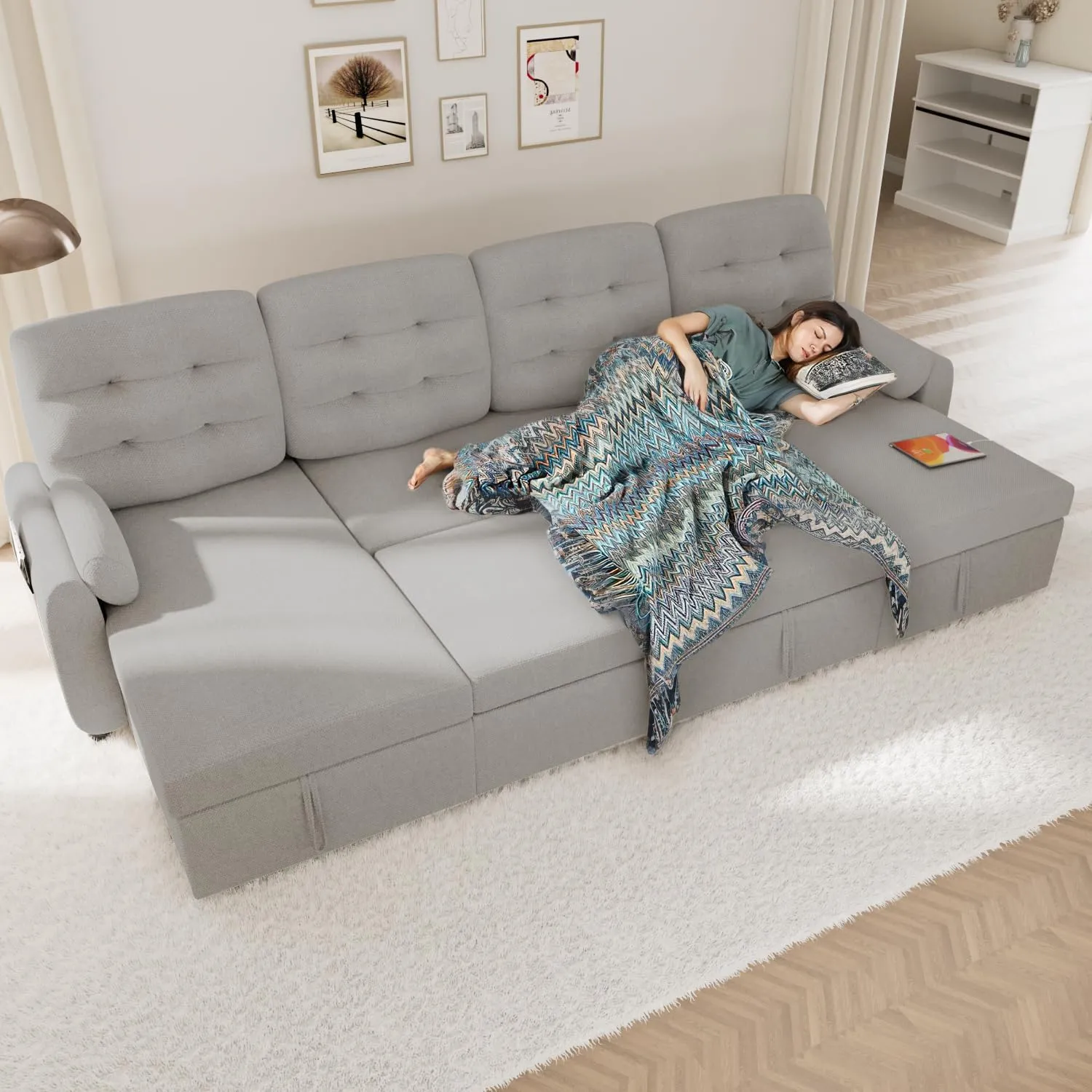 Ucloveria Sectional Sofa Couch, 112" Sleeper Sofa Bed with Dual Reversible Storage Chaise Pull Out Couched for Living Room | Side Pockets | Charging Station | Removable Backrest | Linen, Light Grey