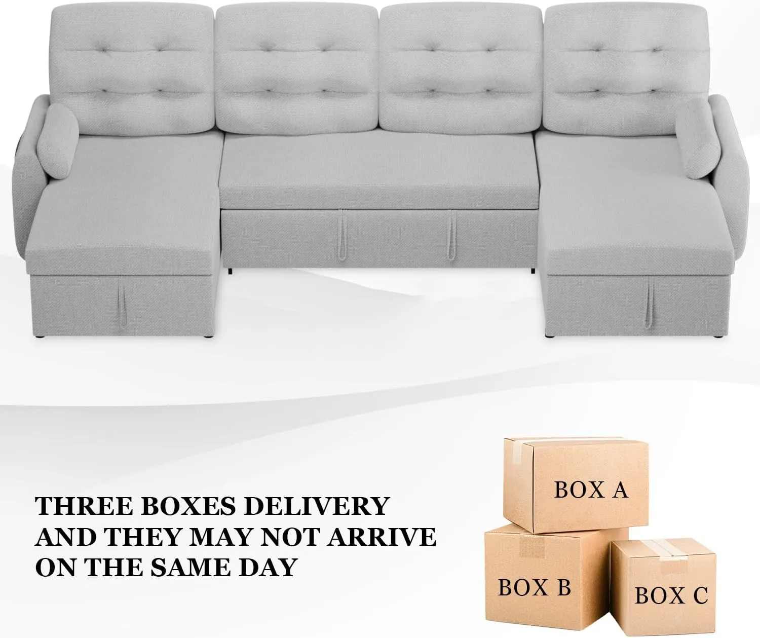 Ucloveria Sectional Sofa Couch, 112" Sleeper Sofa Bed with Dual Reversible Storage Chaise Pull Out Couched for Living Room | Side Pockets | Charging Station | Removable Backrest | Linen, Light Grey