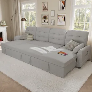 Ucloveria Sectional Sofa Couch, 112" Sleeper Sofa Bed with Dual Reversible Storage Chaise Pull Out Couched for Living Room | Side Pockets | Charging Station | Removable Backrest | Linen, Light Grey