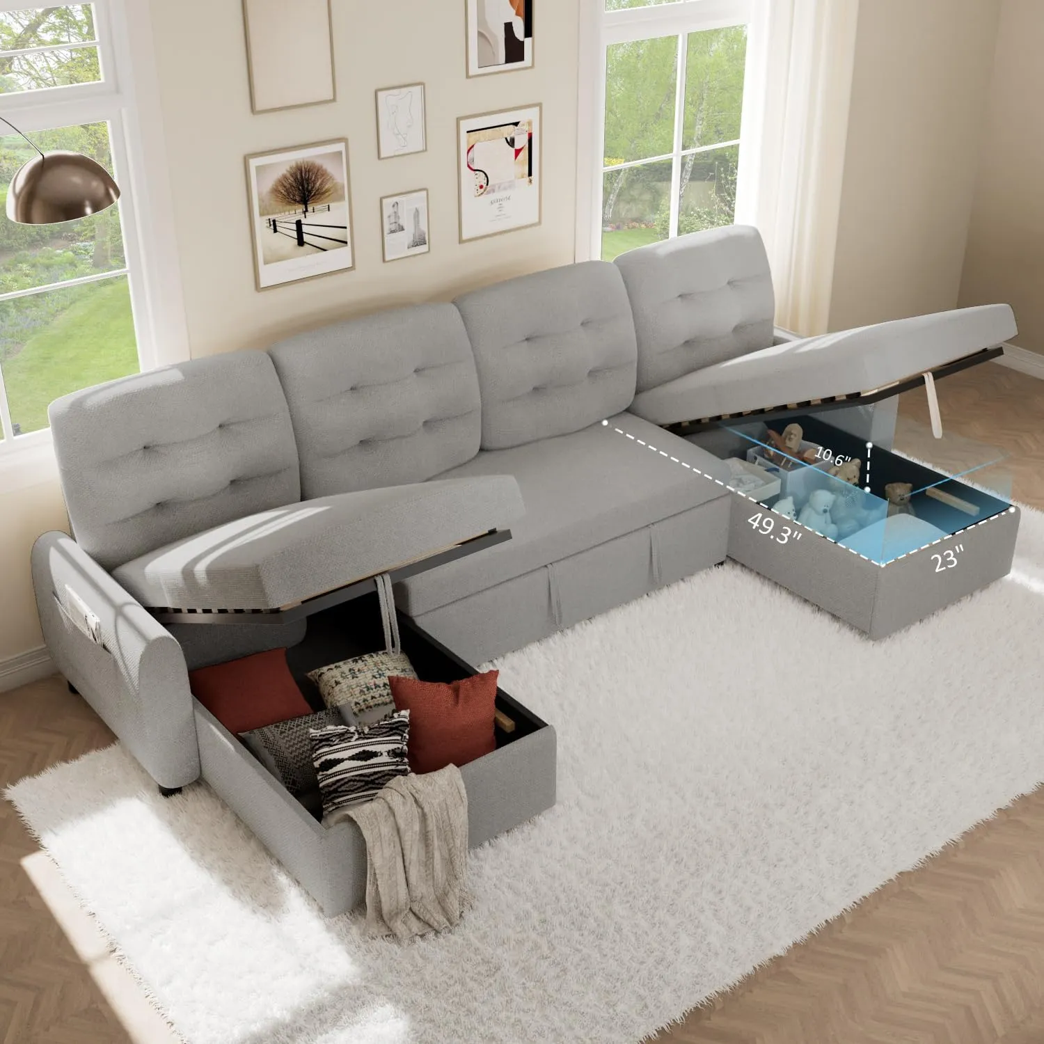 Ucloveria Sectional Sofa Couch, 112" Sleeper Sofa Bed with Dual Reversible Storage Chaise Pull Out Couched for Living Room | Side Pockets | Charging Station | Removable Backrest | Linen, Light Grey