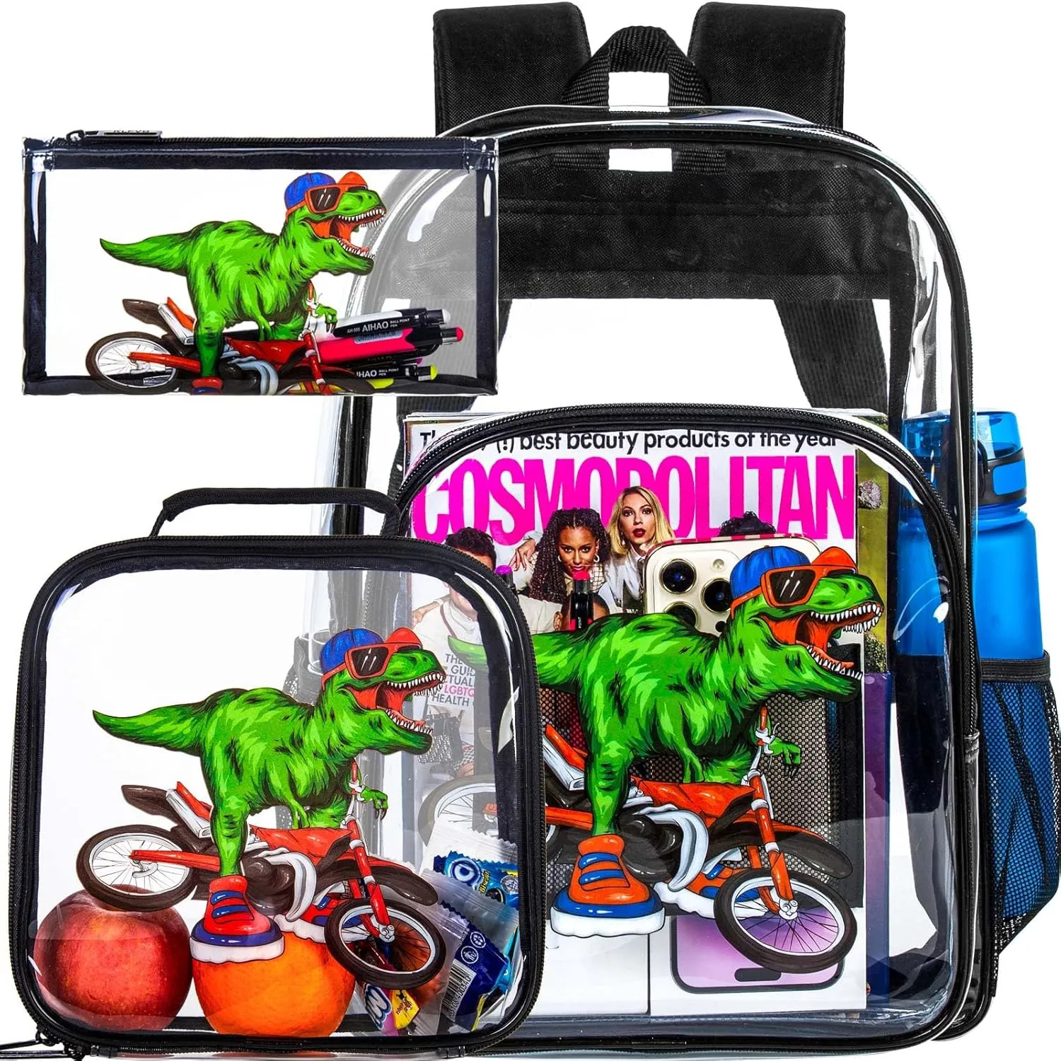 UFNDC 3PCS Clear Backpack for Girls and Boys, Unicorn Cat Transparent Bookbag, See Through School Bag for Kids Elementary