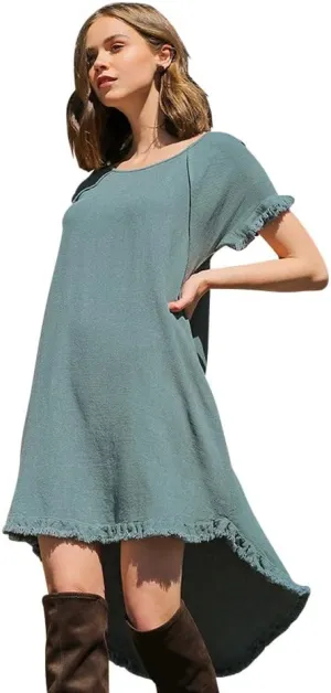 Umgee Lovable High Low! Linen and Cotton Frayed Hem Dress (Lagoon, Small)