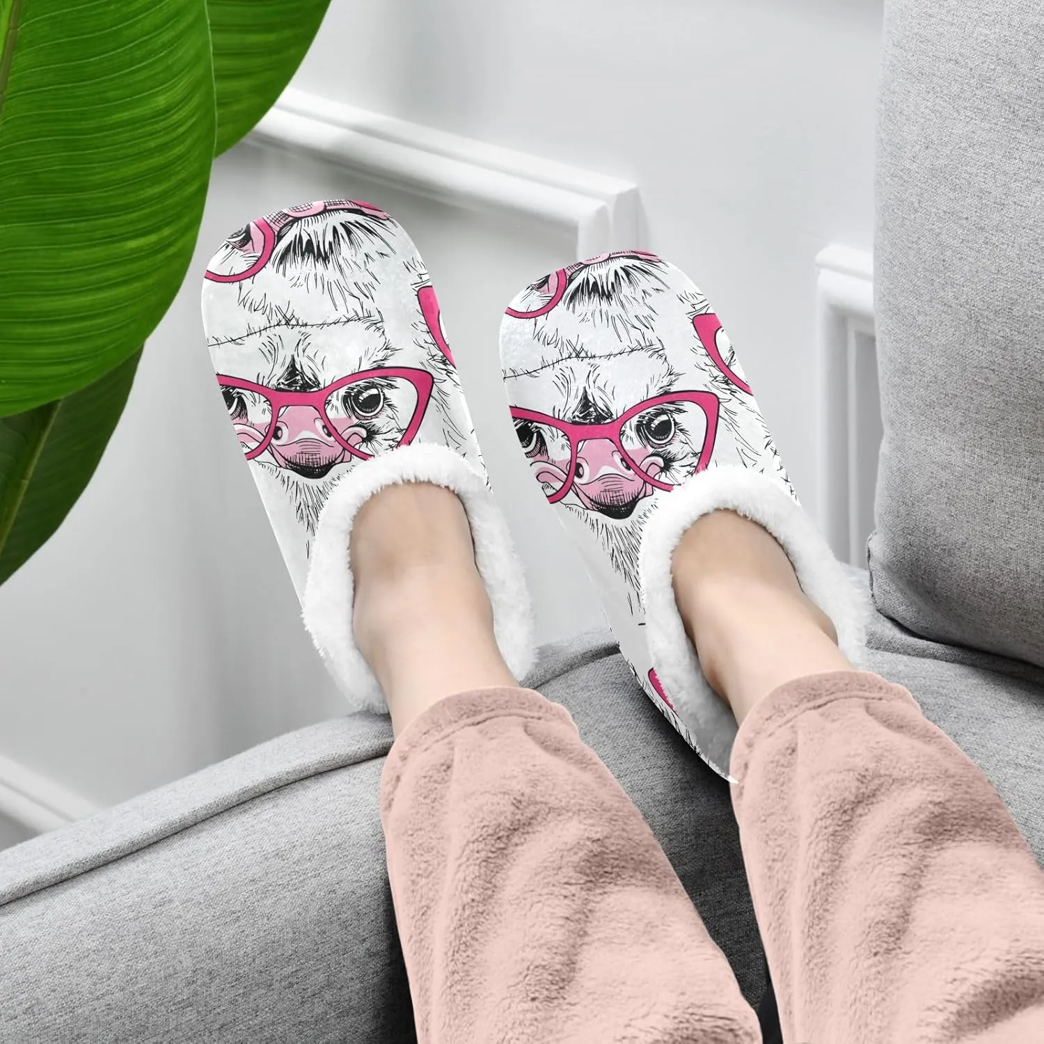Unisex Slipper Funny Ostriches Coral Fleece House Slipper Anti-Skid Indoor Socks House Shoes for Men and Women