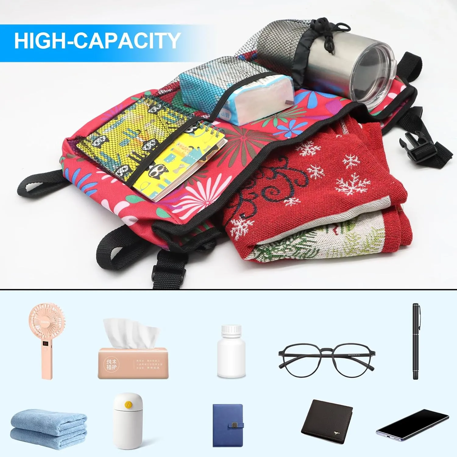 Update Walker Bag Hand Free Storage Bag Walker Attachment Handicap Basket Pouch for Rollator, Wheelchair, Folding Walkers (Red Fireworks)