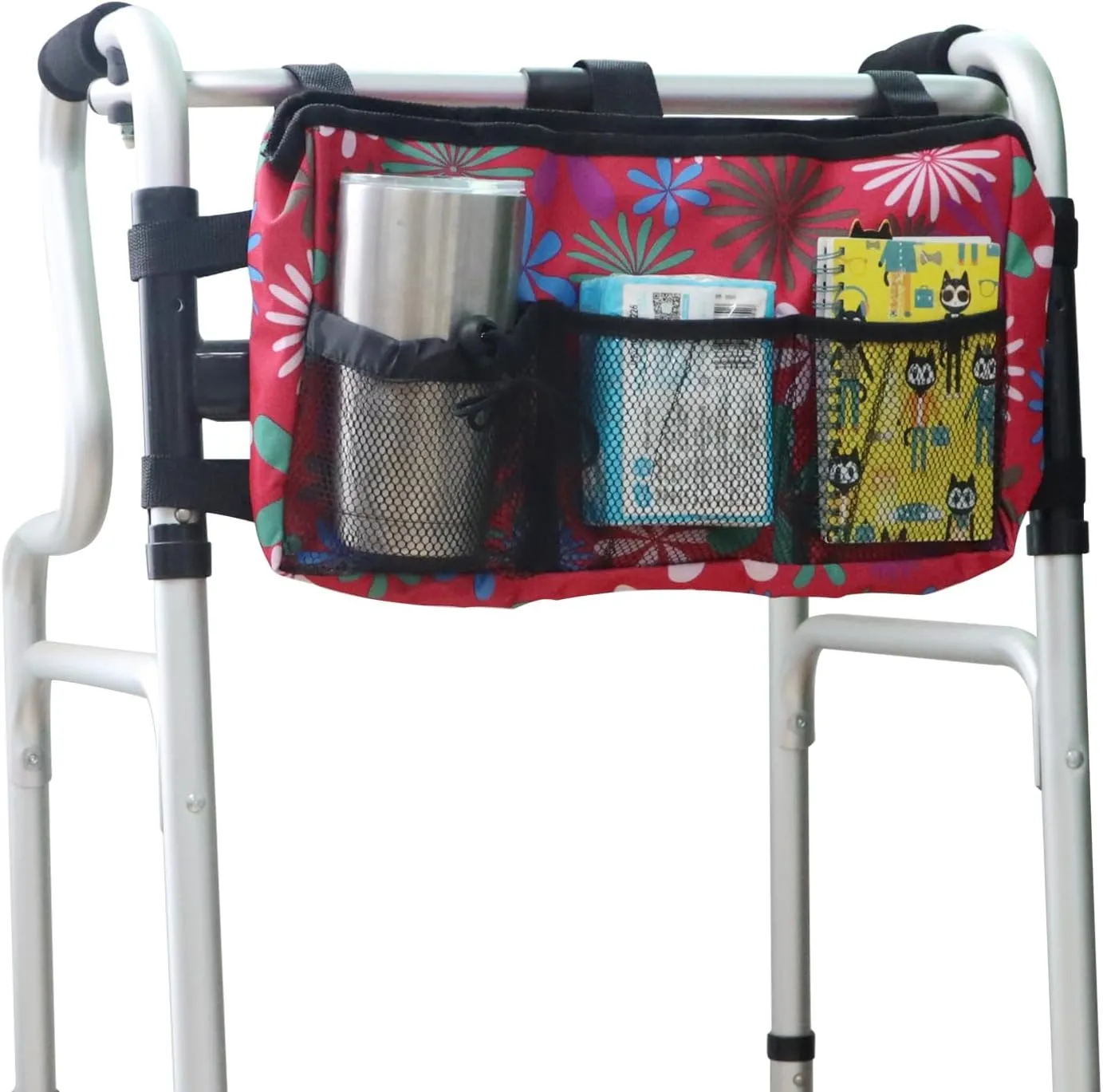Update Walker Bag Hand Free Storage Bag Walker Attachment Handicap Basket Pouch for Rollator, Wheelchair, Folding Walkers (Red Fireworks)