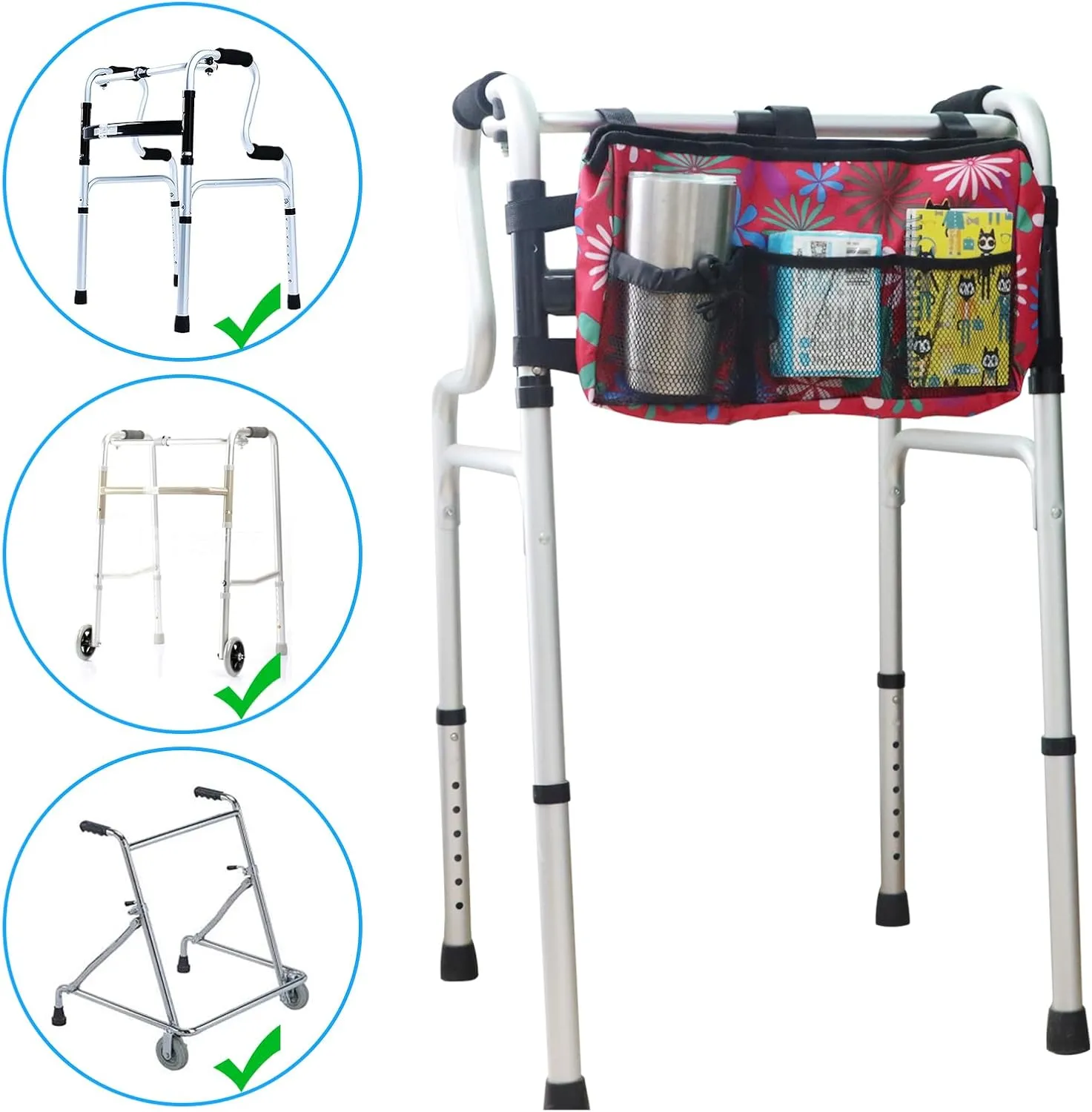 Update Walker Bag Hand Free Storage Bag Walker Attachment Handicap Basket Pouch for Rollator, Wheelchair, Folding Walkers (Red Fireworks)