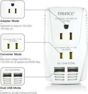 Upgraded 2000W 220V to 110V Voltage Converter Step Down Voltage for Hair Dryer,Straightener,Curling Iron,Cell Phone Power Converter with 2-Port USB and UK/AU/US/EU 10A Plug Adapter, White