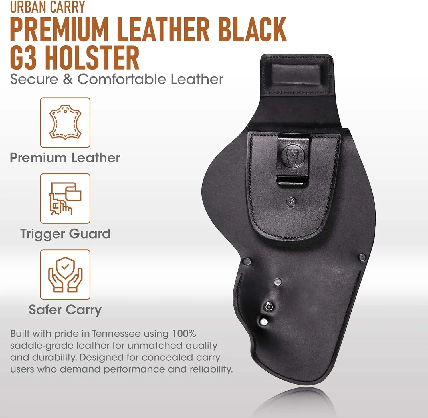 Urban Carry LockLeather G3 Gun Holster – Black | Leather/Polymer Hybrid Design with Secure 2" Clip | Fits 1911, Glock, Sig Sauer, Beretta, Smith & Wesson, Springfield & More